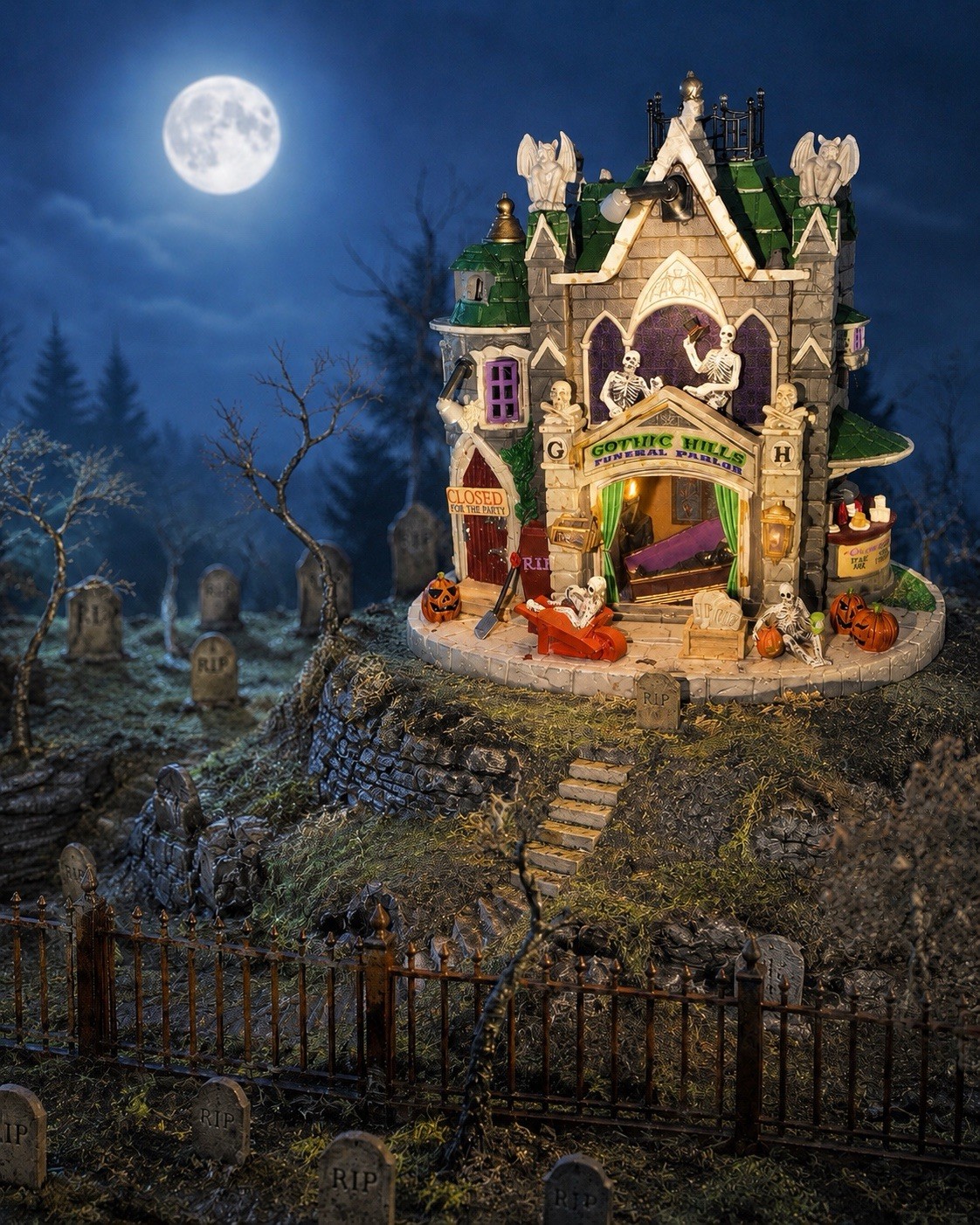 Gothic Hills Funeral Parlor Halloween Village House Resin Painted Multicolor