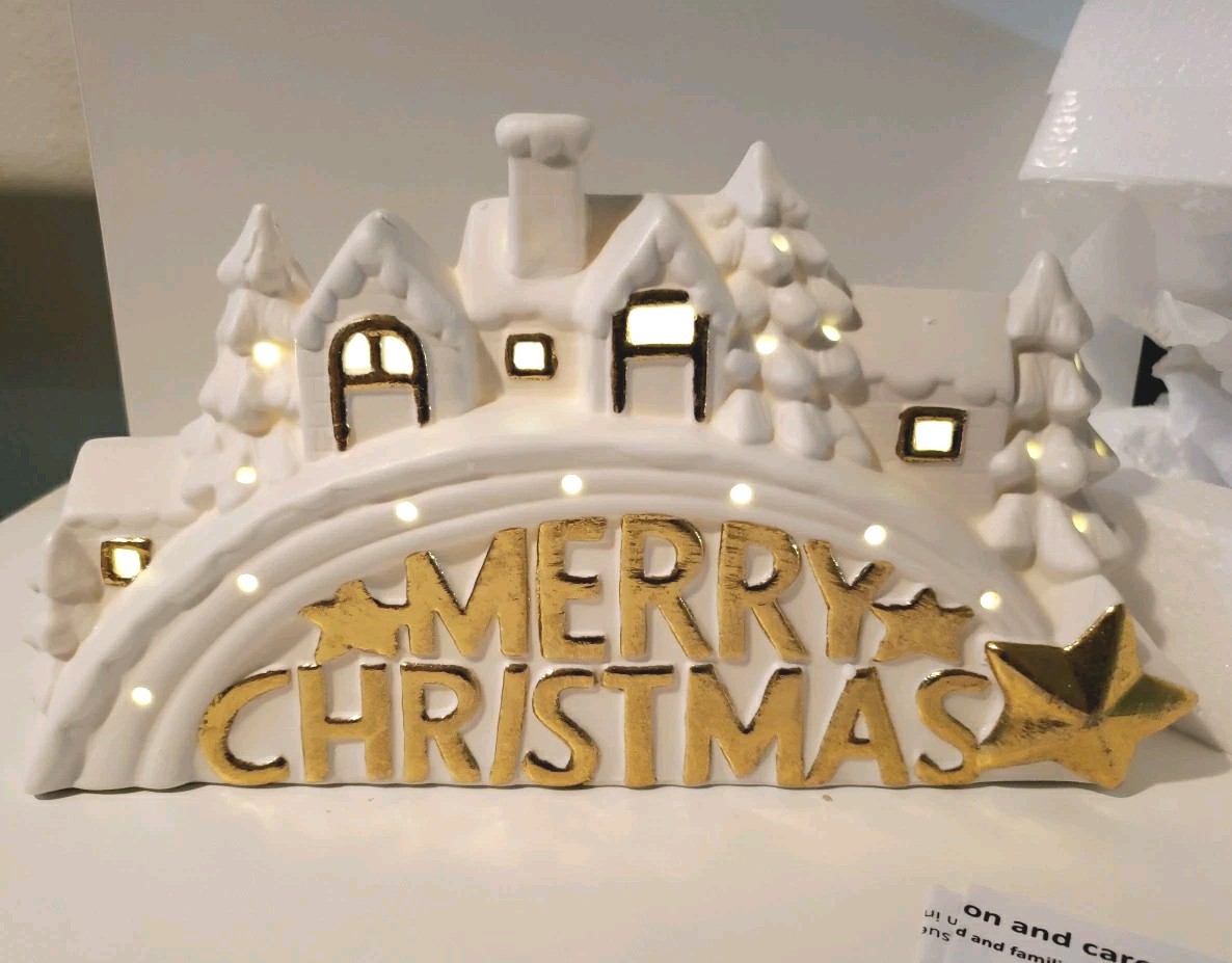 Ceramic Merry Christmas Village Light Up Holiday Decor White/ Gold Heavy