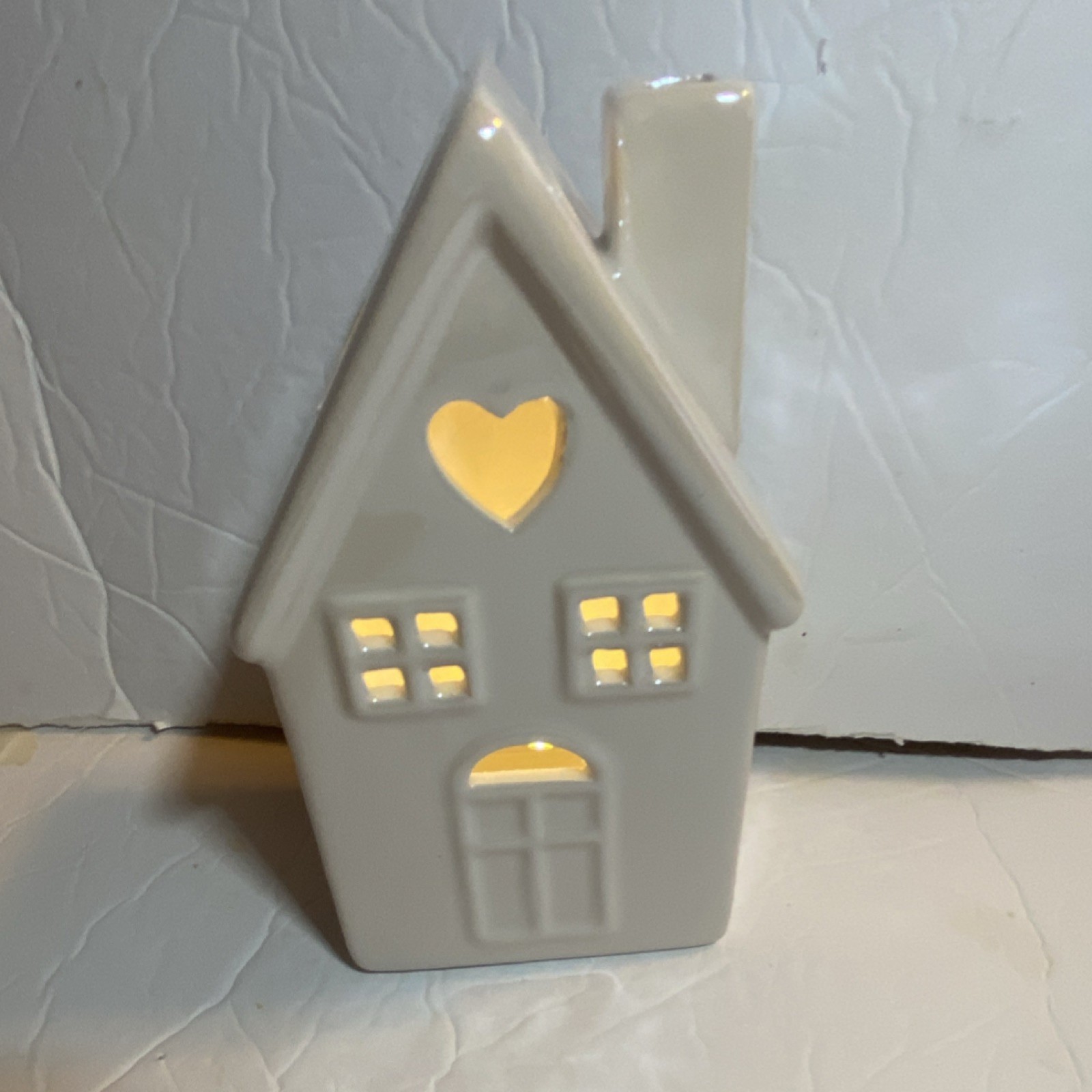 White Ceramic Illuminated House Decor with Heart Pattern, Contemporary Style