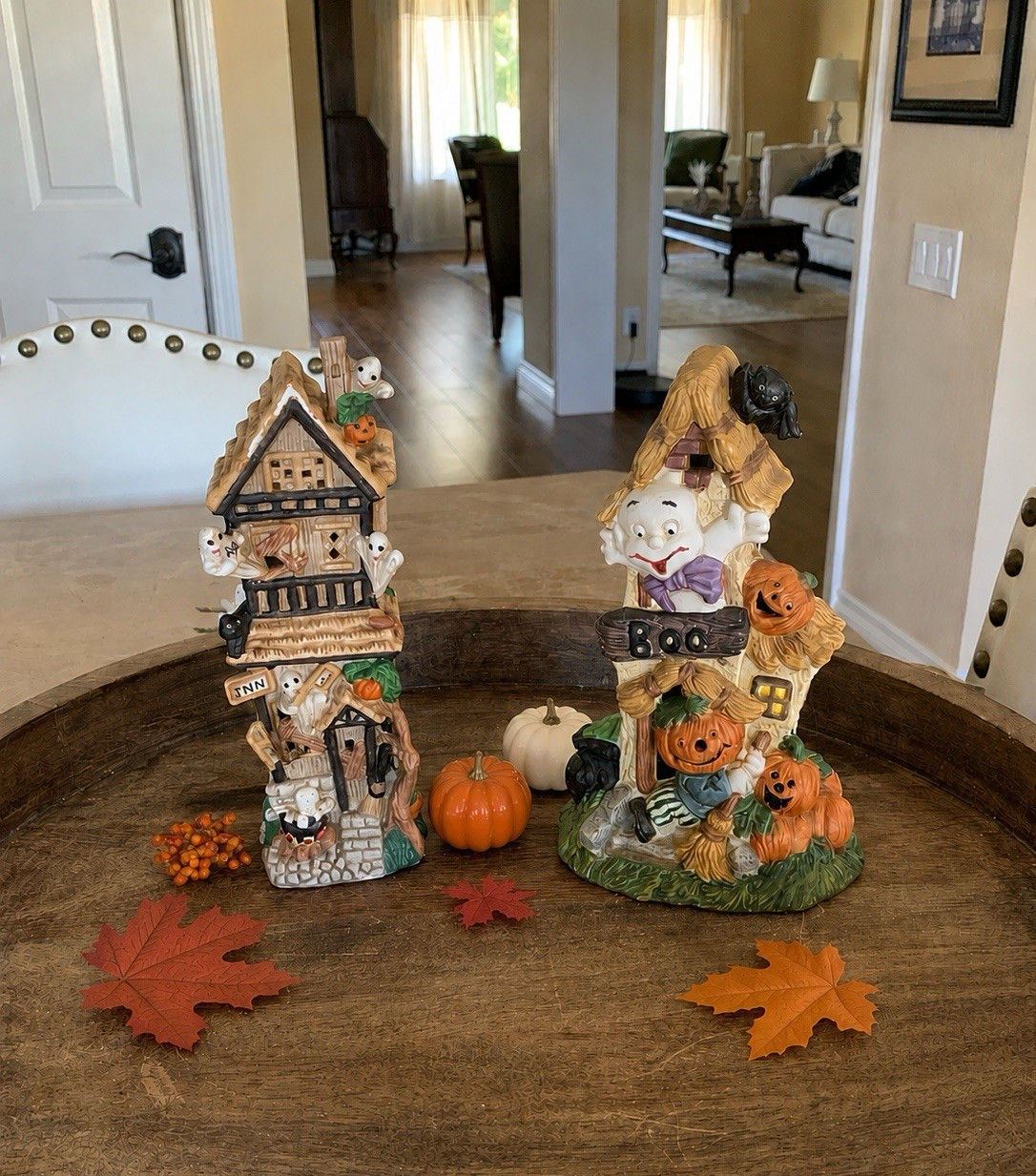 Vintage Halloween Village Ceramic Light-Up Haunted House Ghosts Pumpkins Decor