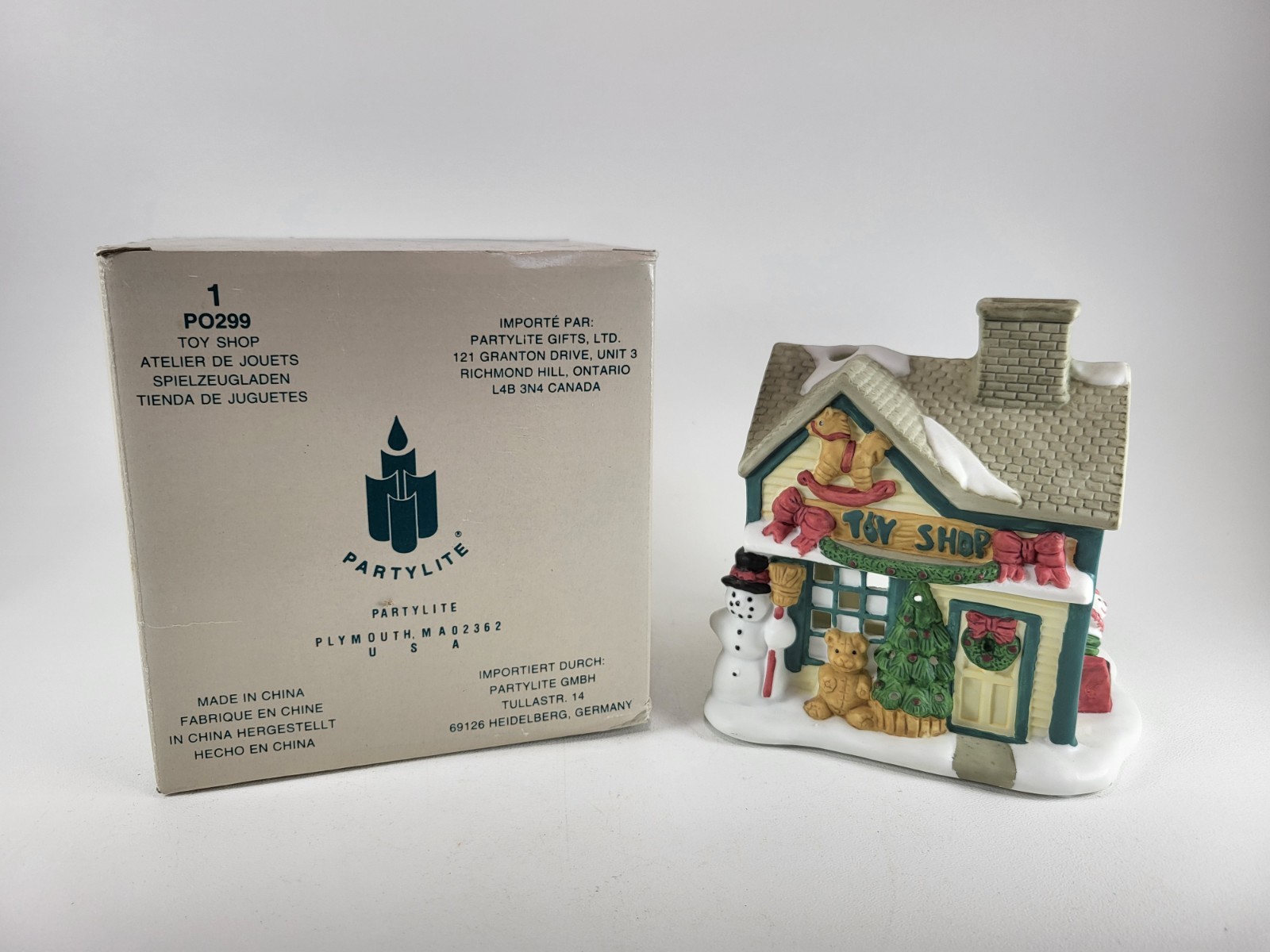 Partylite Toy Shop Snow Village Christmas House w/ Tree Snowman Teddy Bear Horse