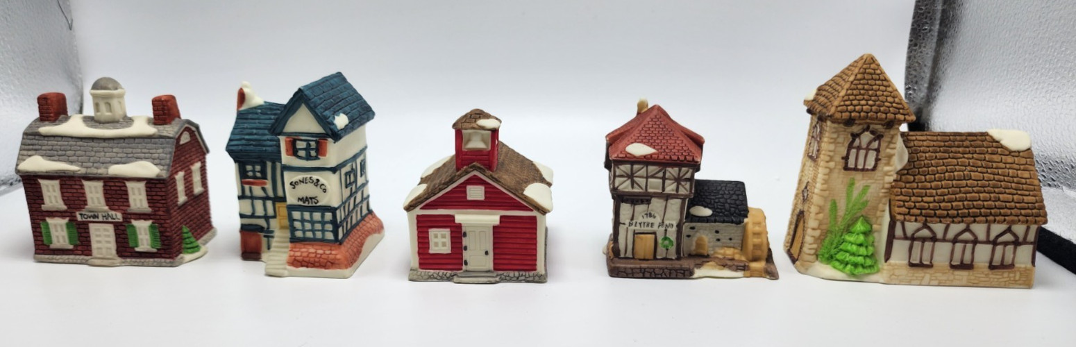 Ceramic Christmas Village Painted Multicolor Miniatures & Trees (Set of 12)