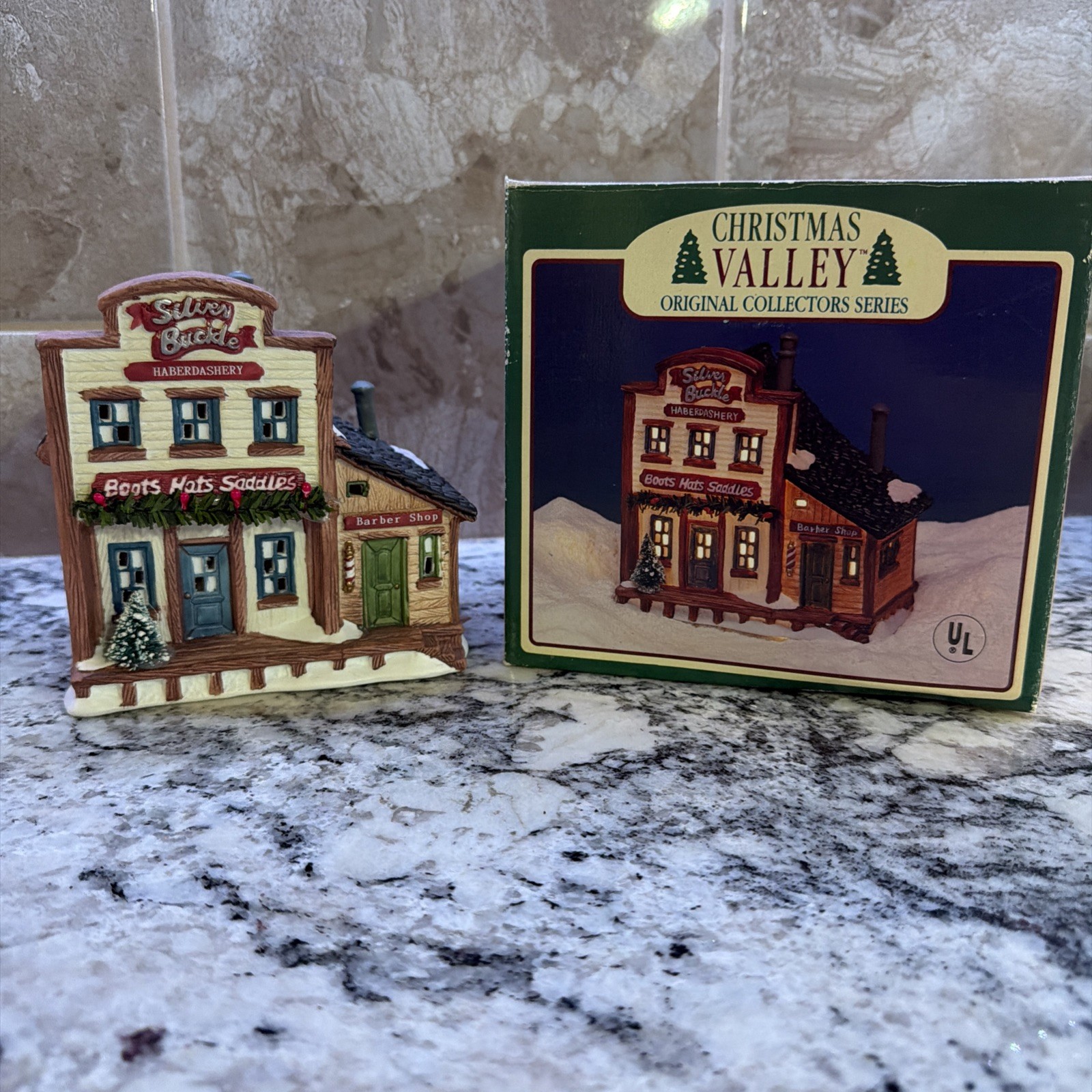Christmas Valley Village Building SILVER BUCKLE (Boots, Hats, Saddles) With Box