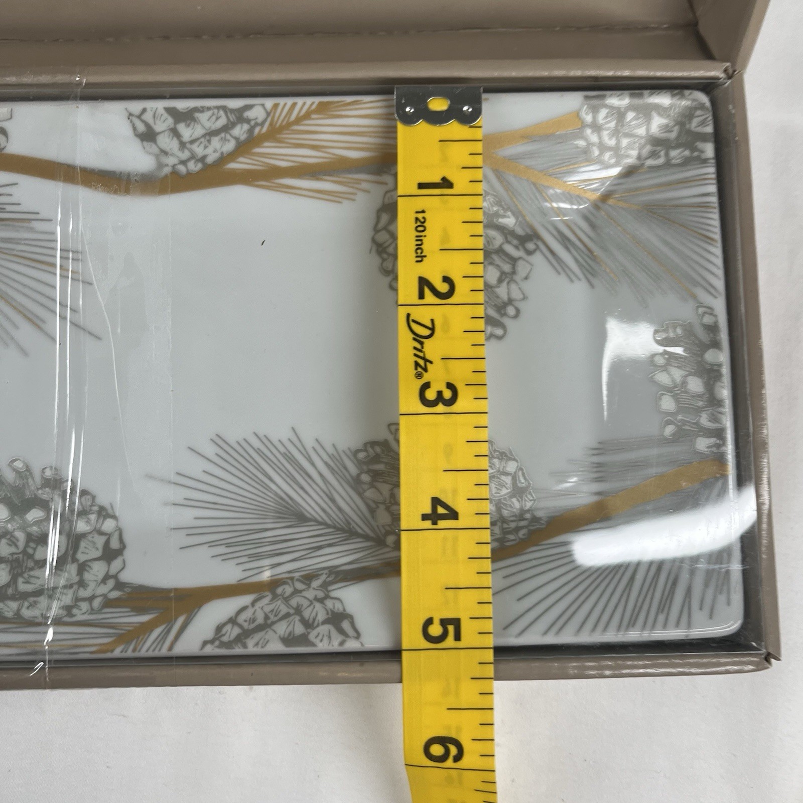 St Nicholas Square Pine Cone Treat Tray 13″ x 5″ White Rectangle in Box