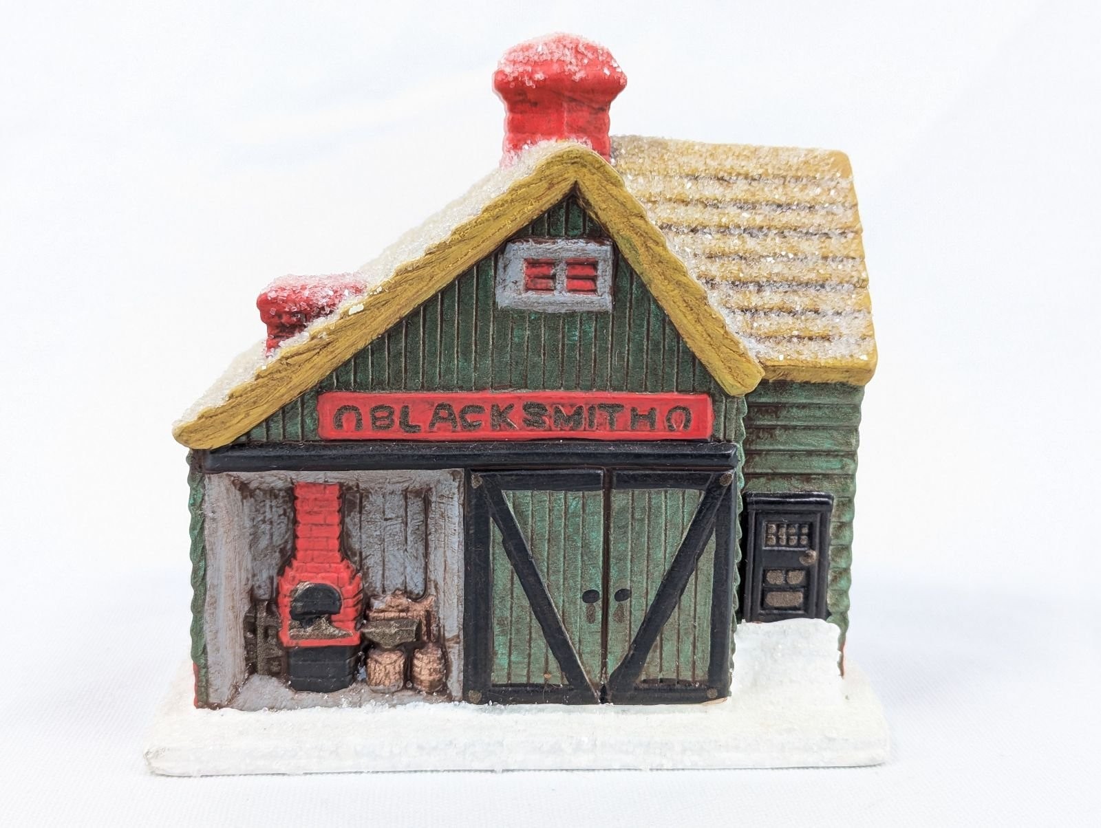 Christmas Village Blacksmith Shop Hand Painted Figurine Frosted Snow Decor 5in