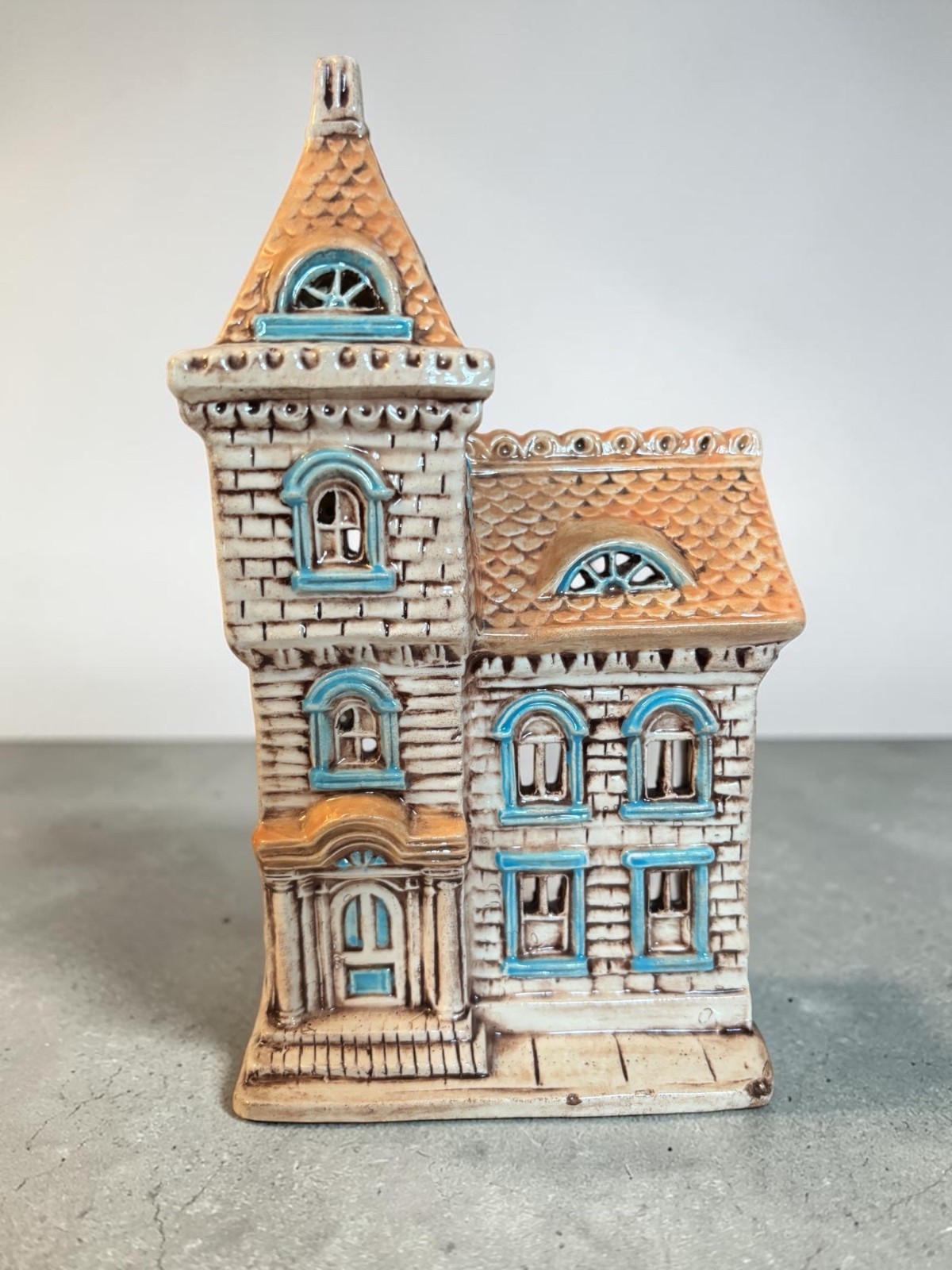 Handcrafted Ceramic Victorian House Christmas Village Beige & Blue Accents Vinta