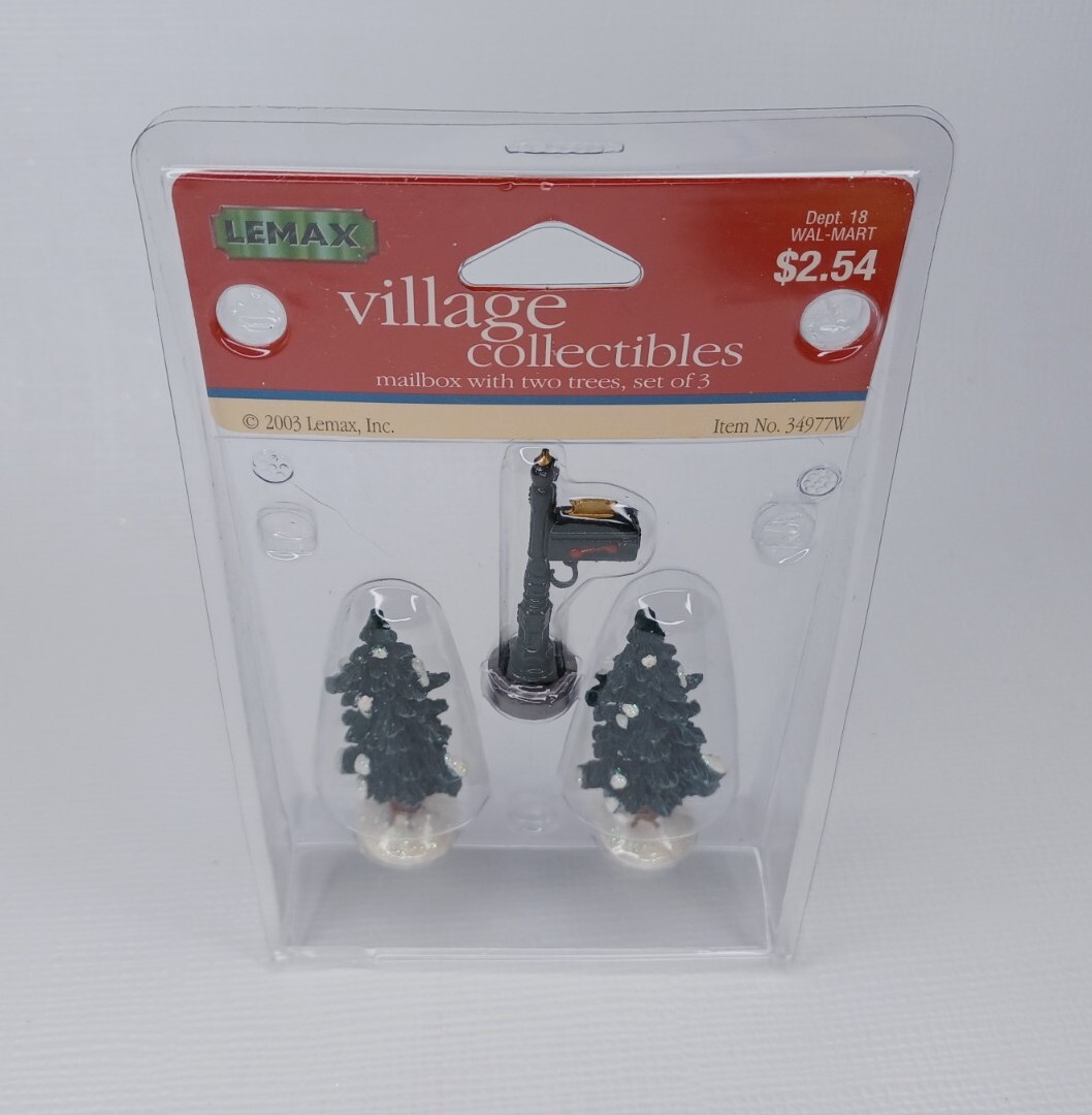 2003 Lemax 34977W Village Collection Mailbox & Two Trees Christmas Glitter