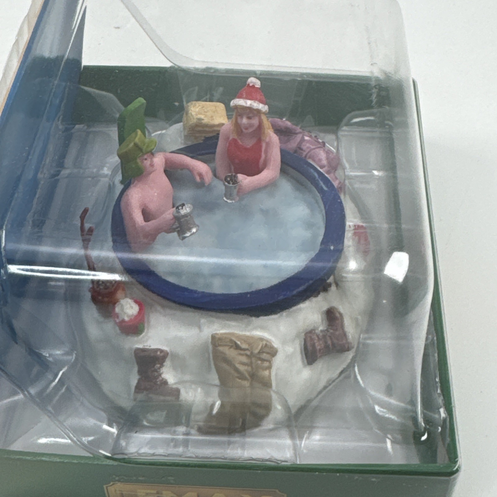 RARE Lemax Christmas Village Town Winter Hot Tubbing Skiers Couple Hot Tub Beer