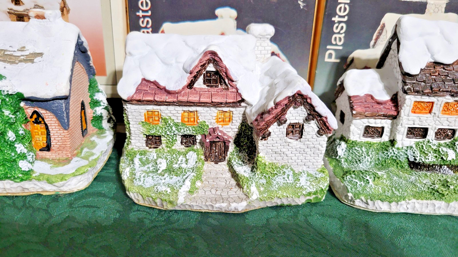 4 Vintage Hand Painted Plaster Snow Houses -TAIWAN -4″high StartYour own village