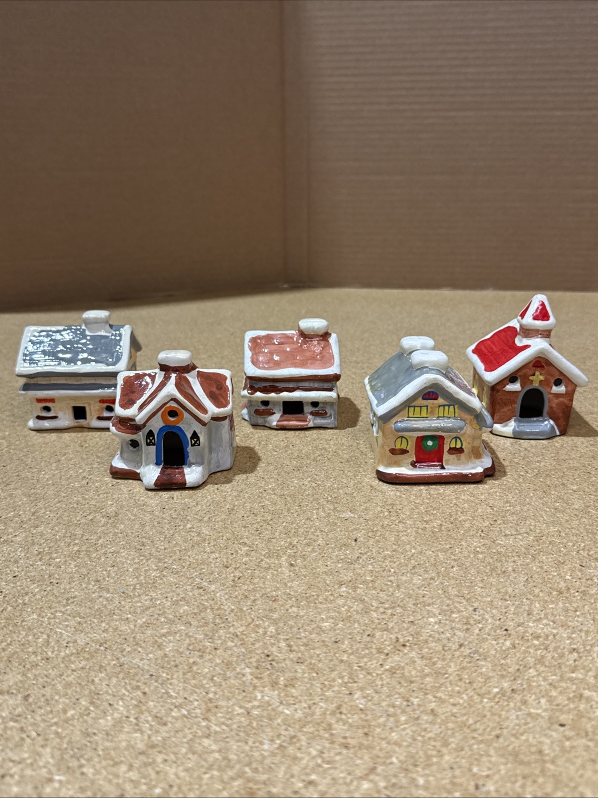 Lot of 5 VTG Ceramic Mini Christmas Houses European Feel – Light Openings – 3×3