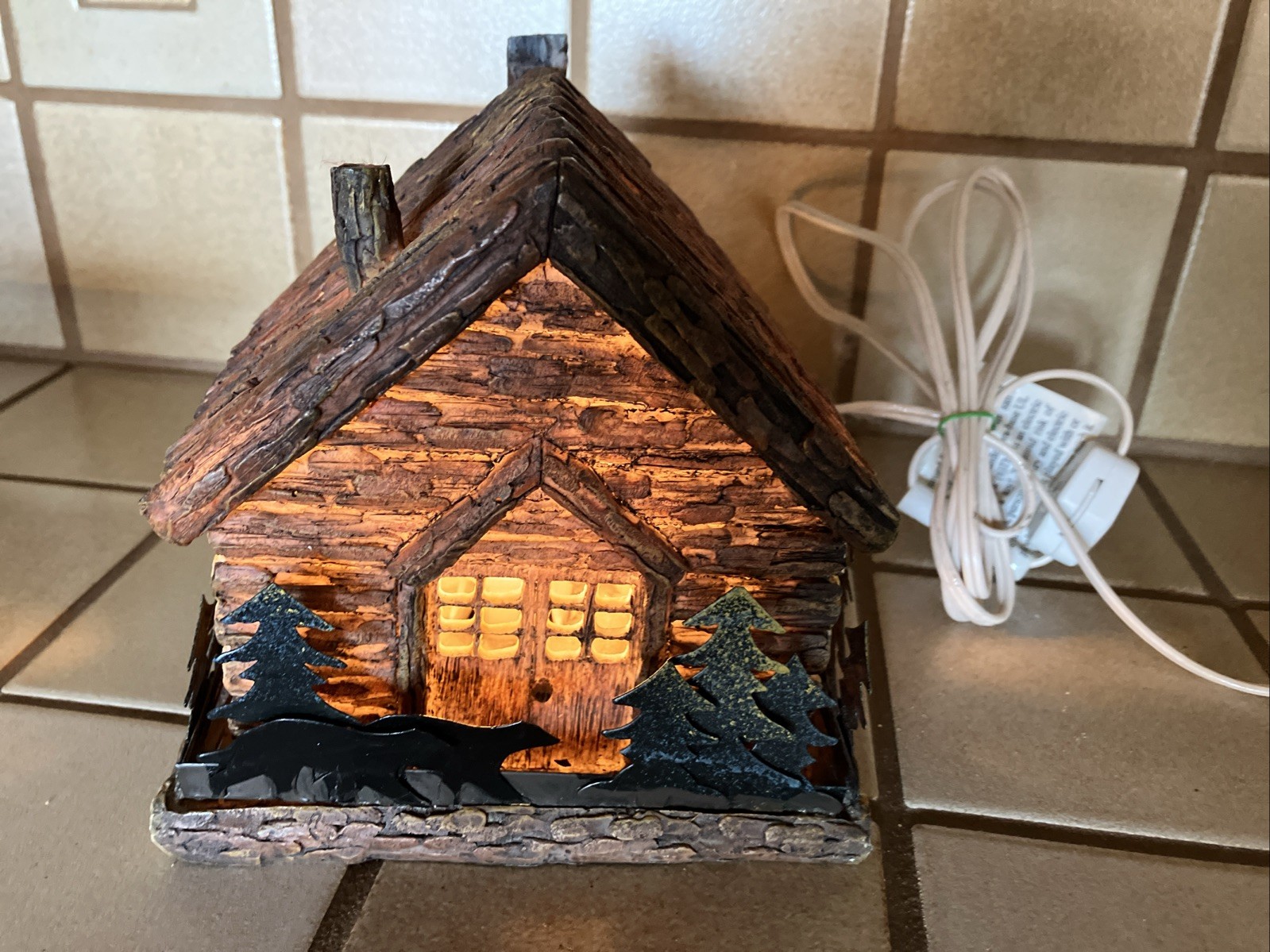 Black Forest Resin Lighted Cabin House; Tin Cut Metal Bears Trees & Cord, Bulb