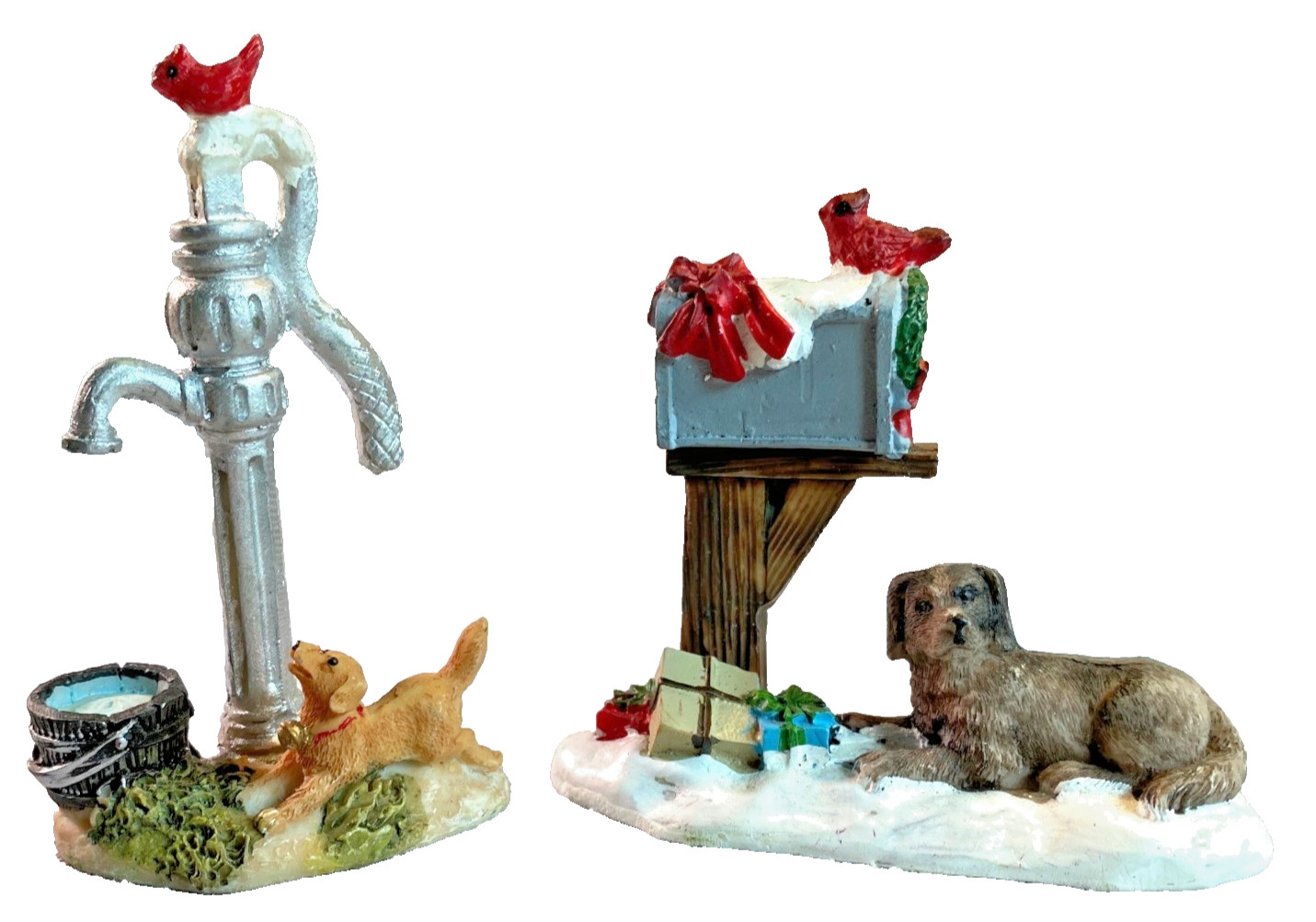 Holiday Time 2 Christmas Village Pcs Waiting for Mail Dog Cardinal Water Pump