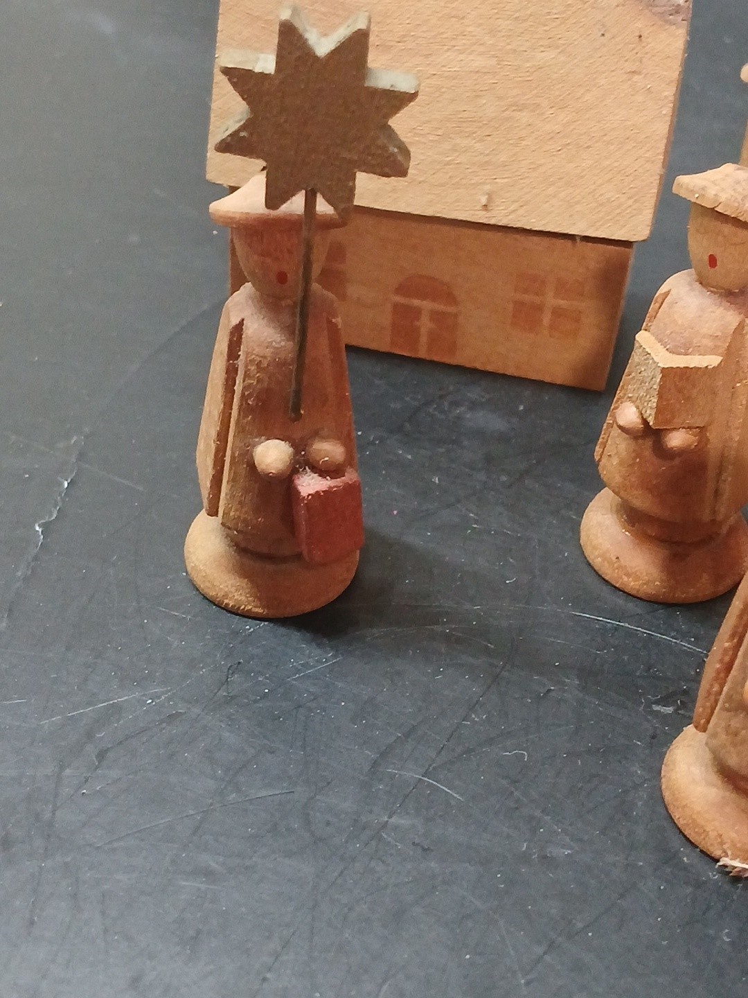 9 Piece VTG German Dominican Republic Wood Miniature Village Church Trees Chior