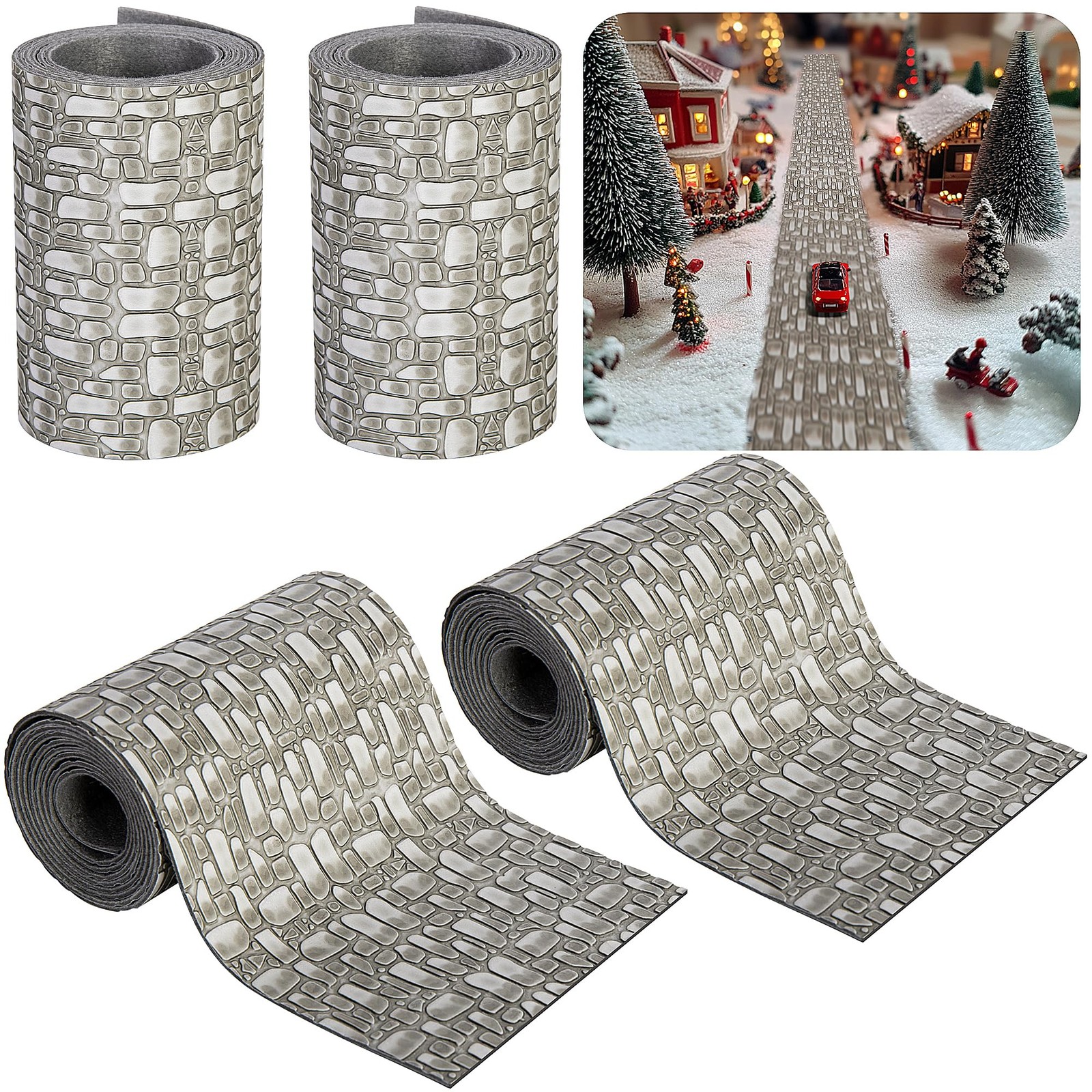 Iceyyyy 4 Pcs Christmas Village 39 x 3.5 Inch, 39″x 3.5″-grey Cobblestone