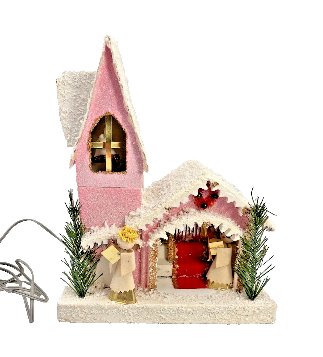 Putz House / Church Large Pink Lights Up Japan Christmas Village VTG 10.5″ WORKS