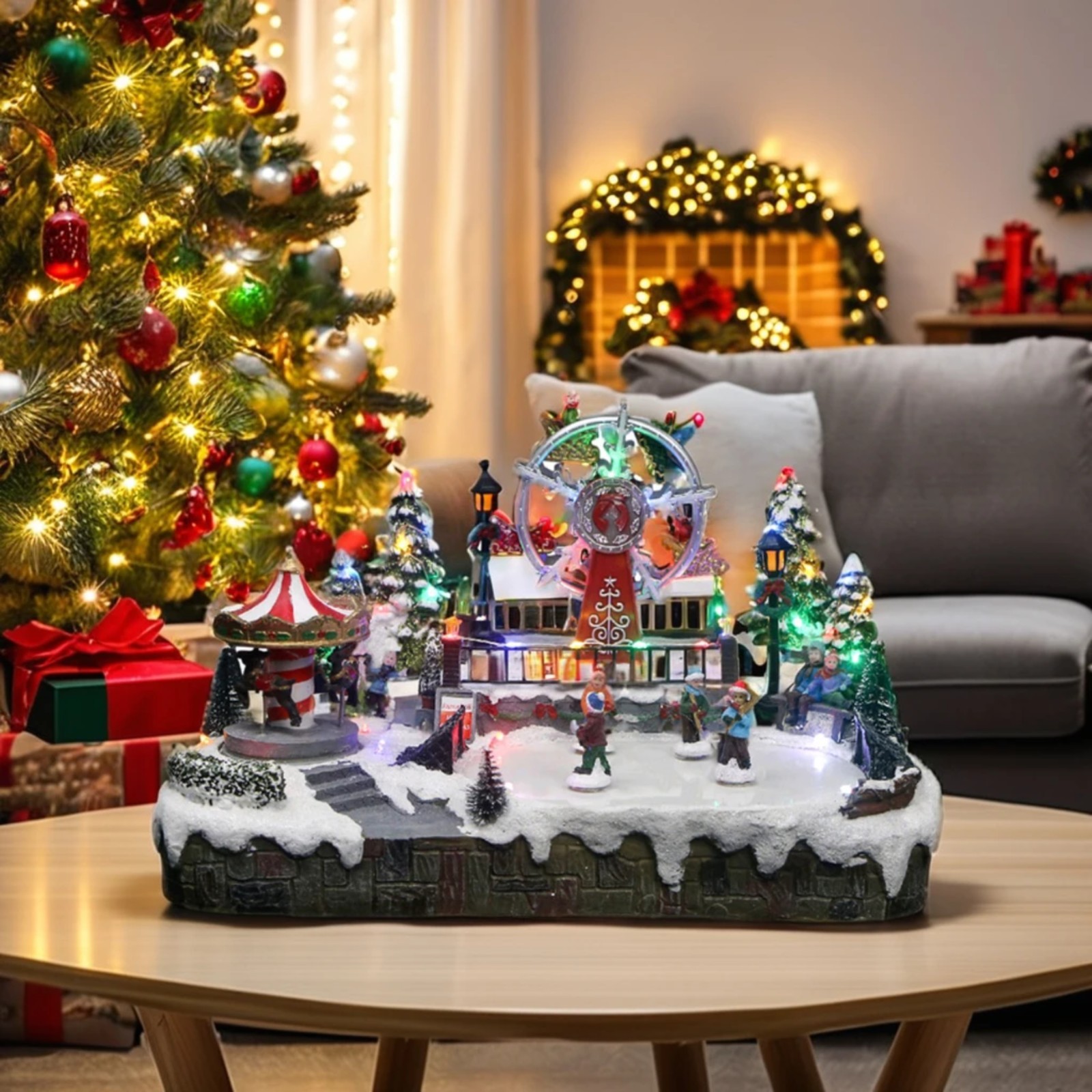 Christmas Village Led Lights Moving Skaters, Carousel And Ferris Wheel Functio