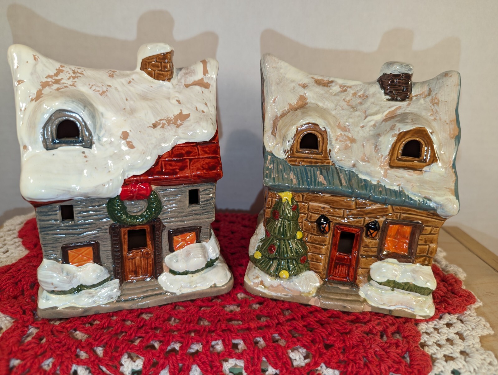 Christmas Village Houses Set Of Two Vintage Painted Taiwan, Can Be Lighted CUTE!