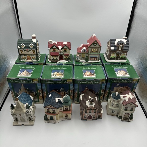 Winter Valley Porcelain Buildings Lot Of 8 Church Candy Fire Station Flower Shop
