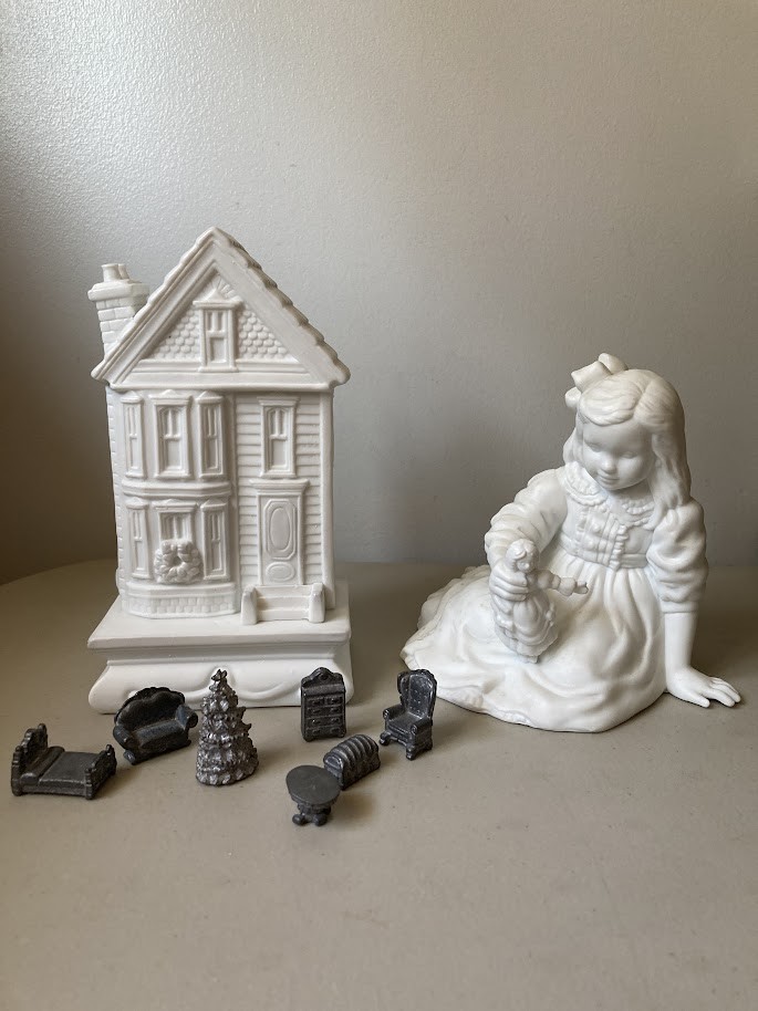 Vintage Dept 56 White Porcelain Dollhouse w Doll & Pewter Furniture Rare w Box