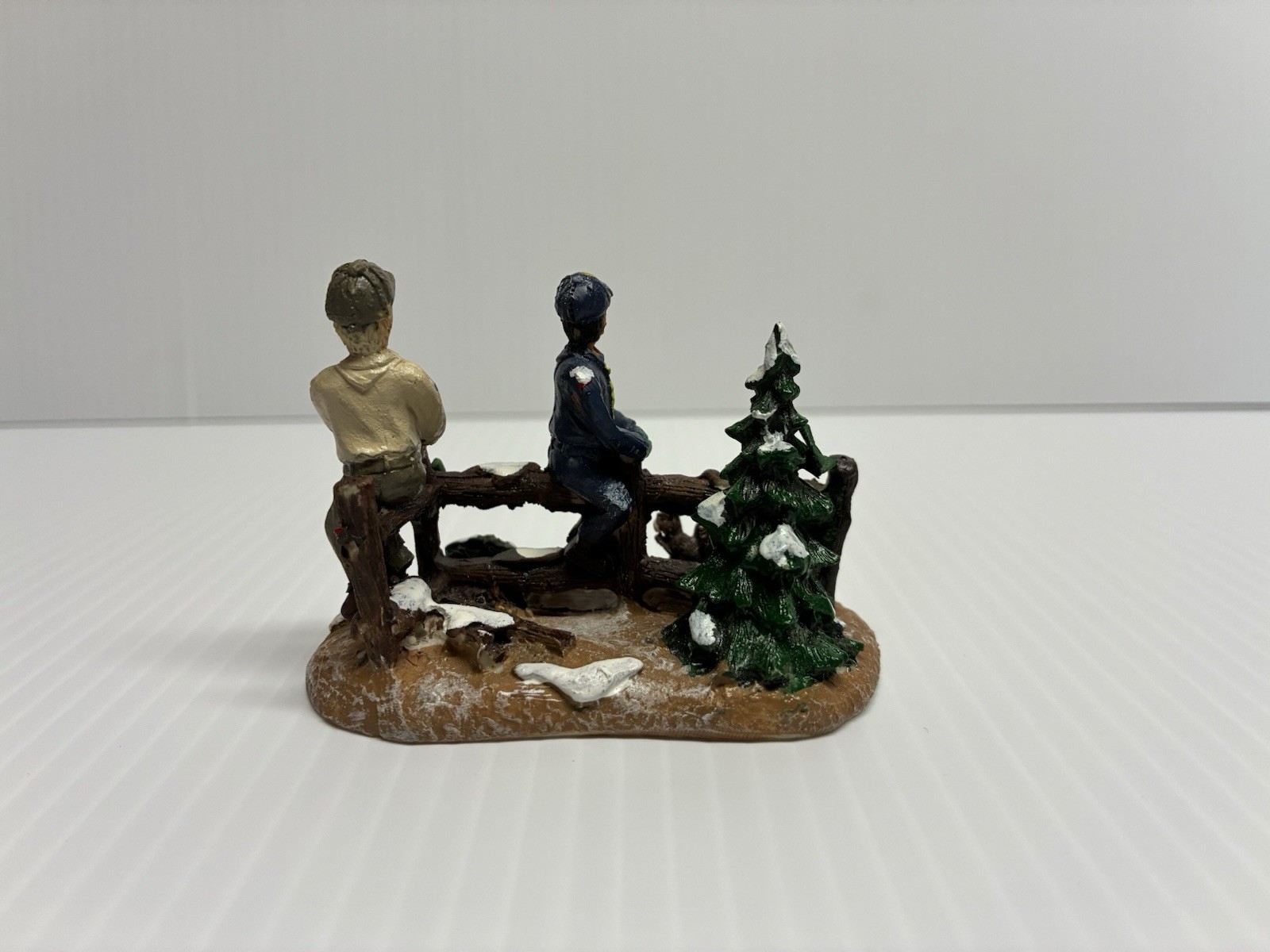 Boy Scouts on Fence, Sawing Wood Christmas Village Accessories Figurine 2013 BSA