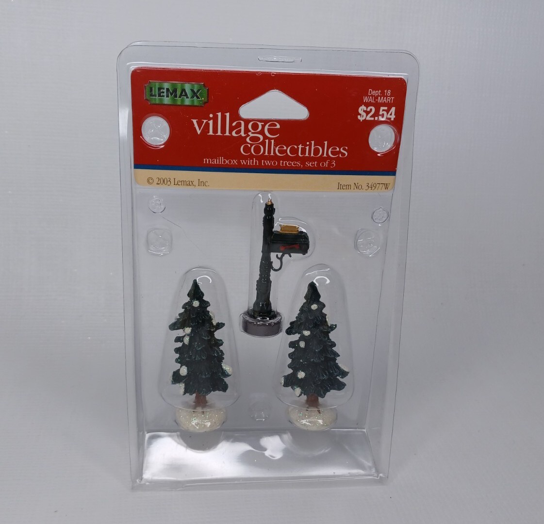 2003 Lemax 34977W Village Collection Mailbox & Two Trees Christmas Glitter