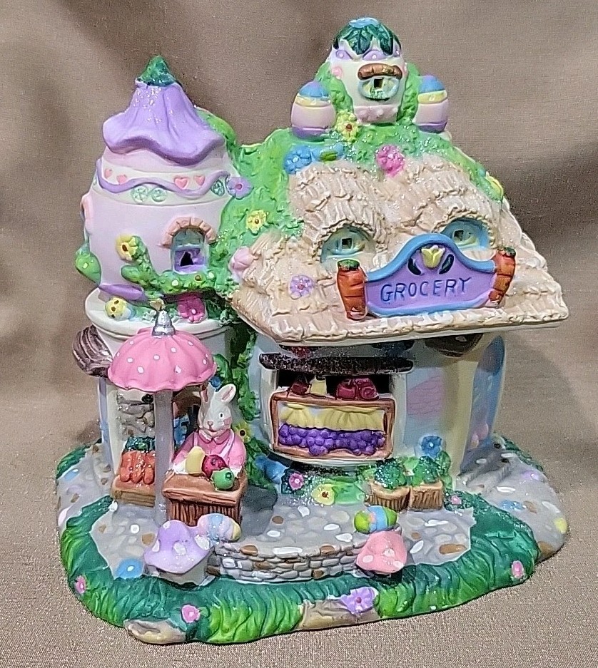 Whimsical Bunny Village Grocery Shop Figurine Pastel Easter Cottage Scene CUTE!