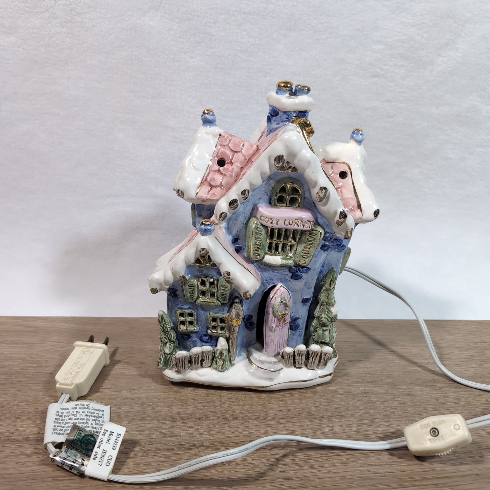 Vintage Cozy Corner Cottage ~Blue Pink Ceramic~ Lighted Christmas House~ Pastel