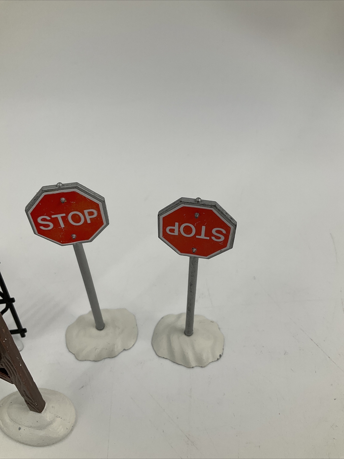 Dept. 56 Snow Village 1988 Mailbox, 2 Stop Signs, Black Metal Fence Piece EUC