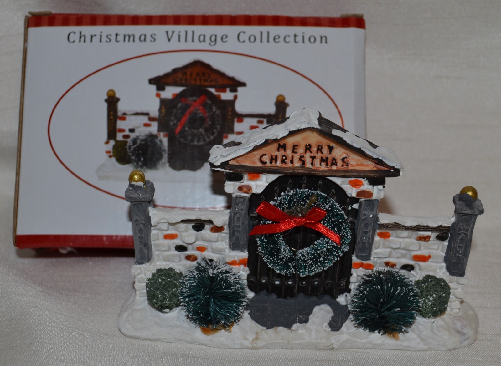 Christmas Village Collection~Holiday Gate~Brick Wall~Shrub~Wreath~With Box