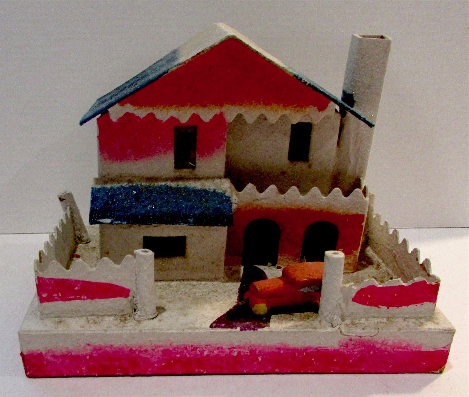 Vintage Christmas House Putz Village Japan Bisque Car Jalopy Blue Pink Mica