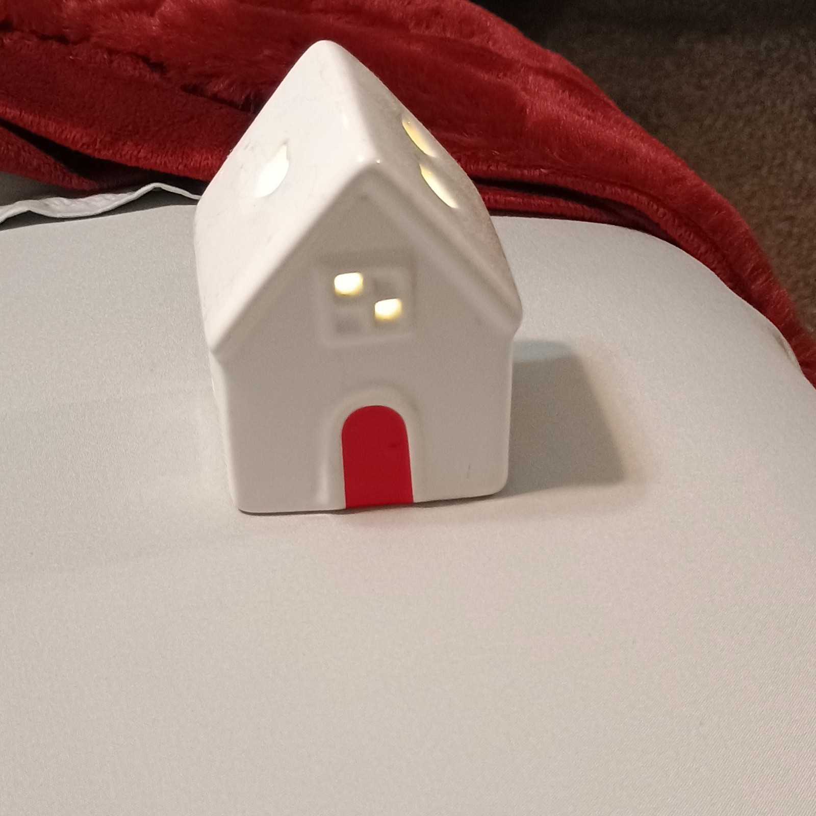 Ceramic Illuminated White House Decor with Red Door Modern Seasonal Accent