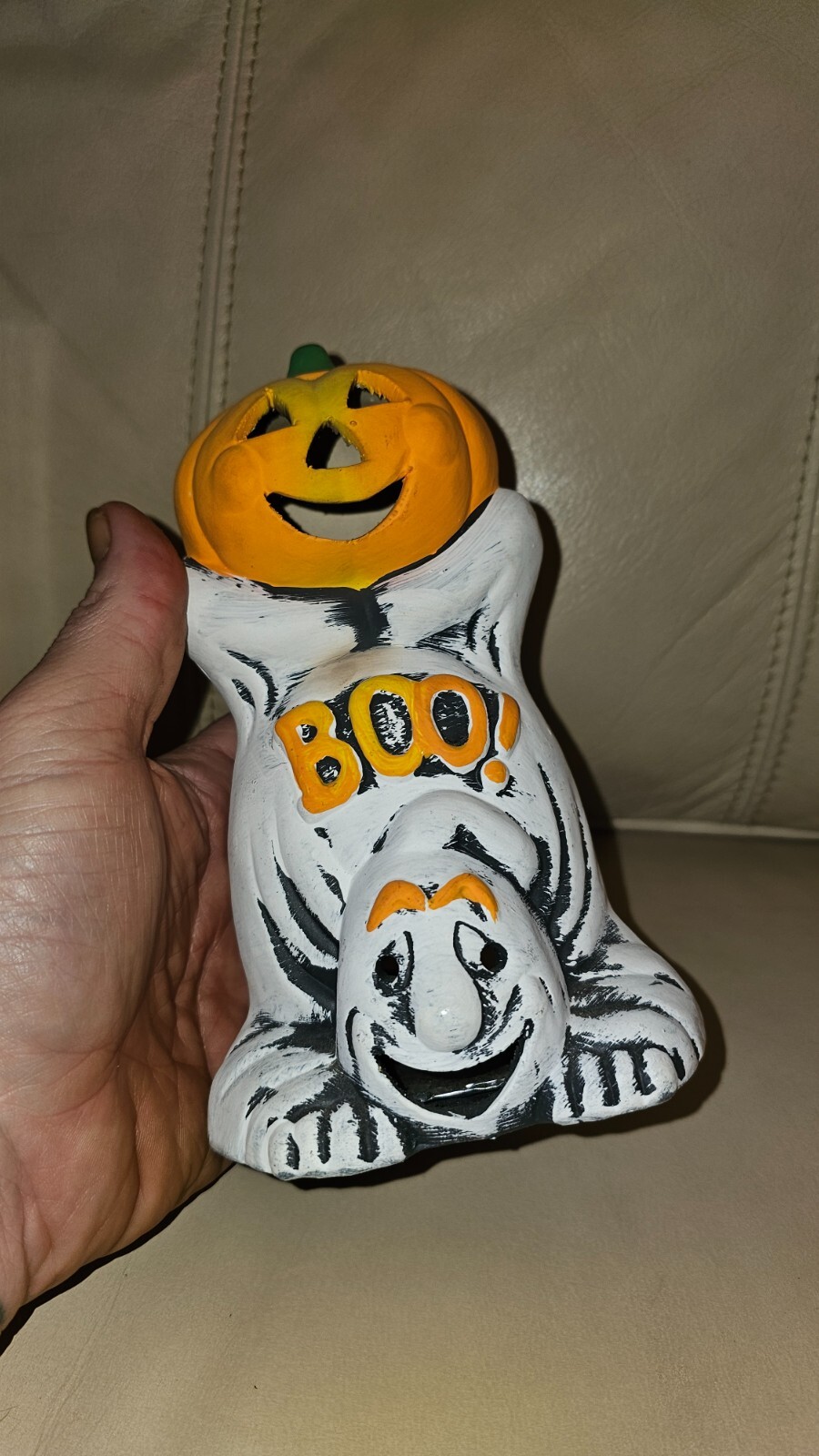 Vintage Halloween Ghost Jack O Lantern Ceramic Votive Candle Holder 7½” Taiwan