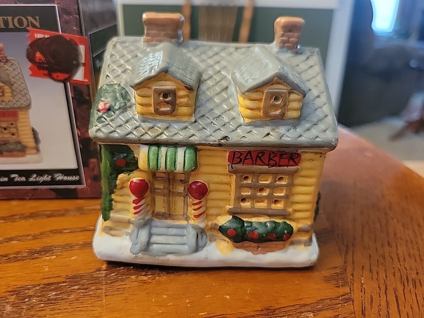 Gift Collection Hand Painted Porcelain Tea Light House Small Town Barber Shop