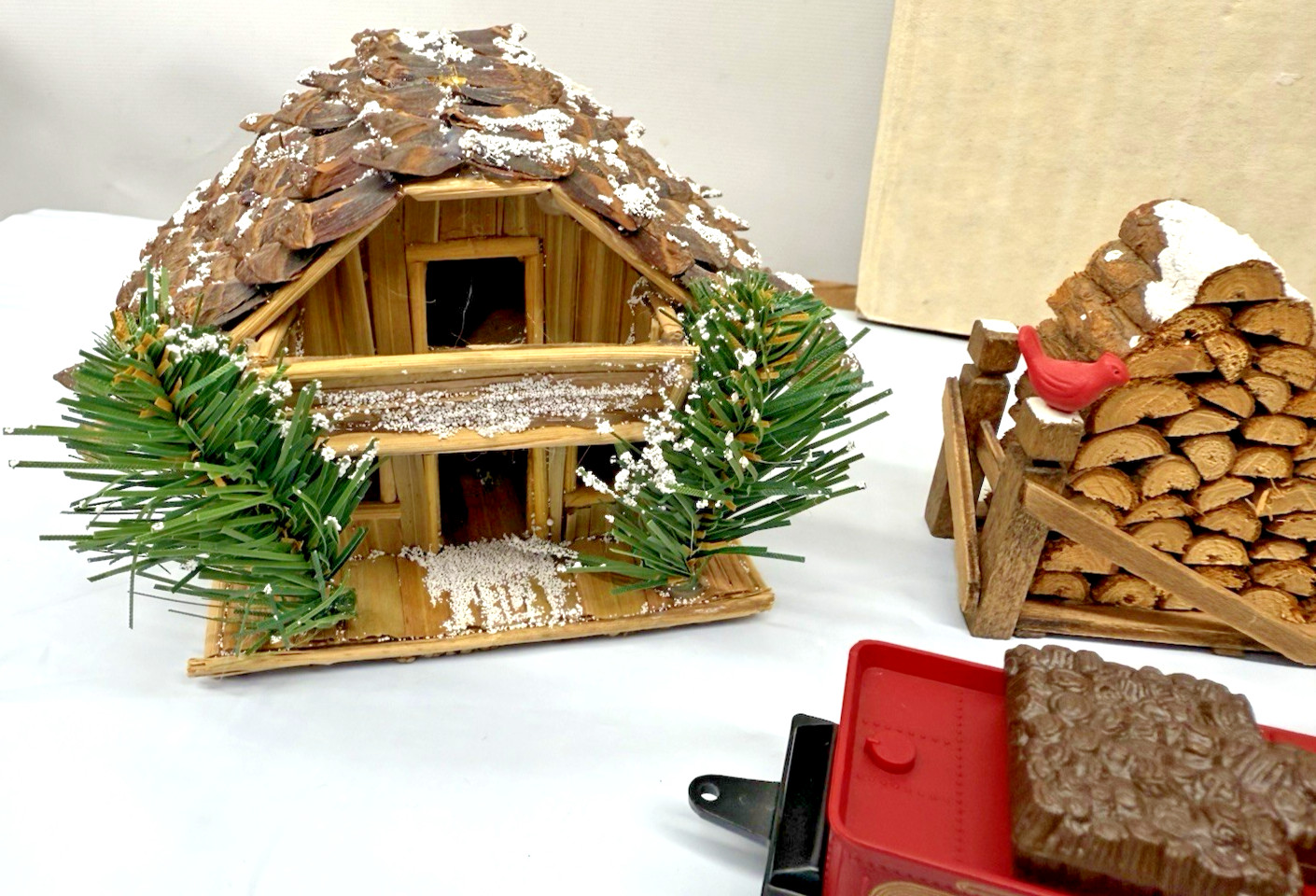 VTG Dept 56 Fire Wood Stack + Cabin + Readers Digest Train Coal Car Jupiter 84