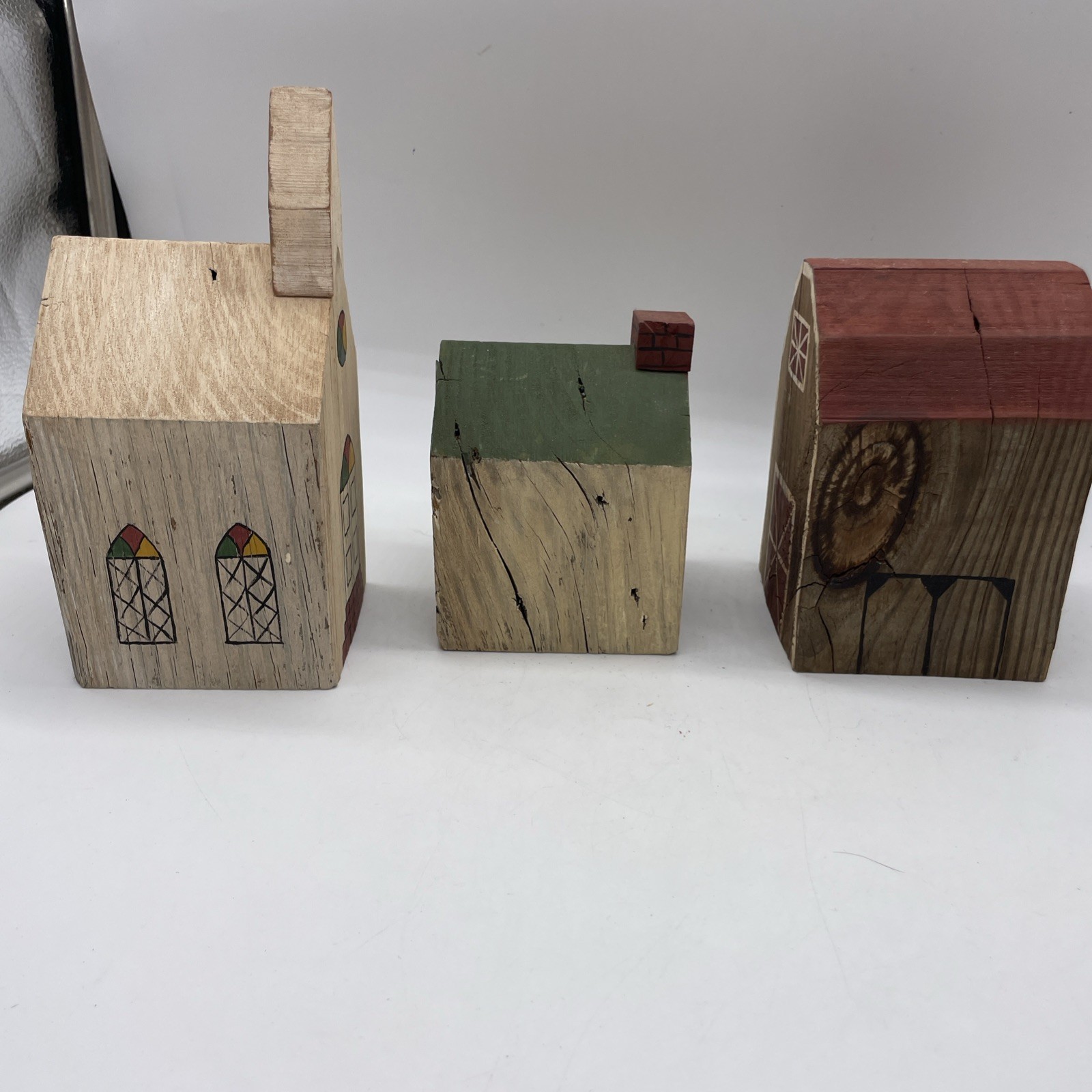 Primitive Mini Buildings Block Wooden House Church Barn Folk Art Lot Of 3 – 1988