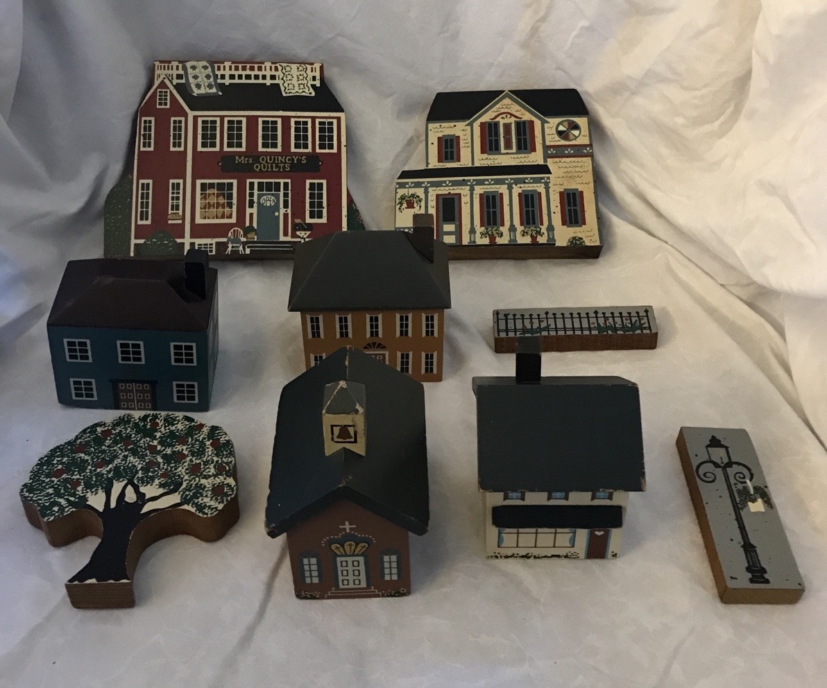 Wood Block Buildings + Shelf Sitters Lot 9 Primitive Hand-Painted Village Rustic