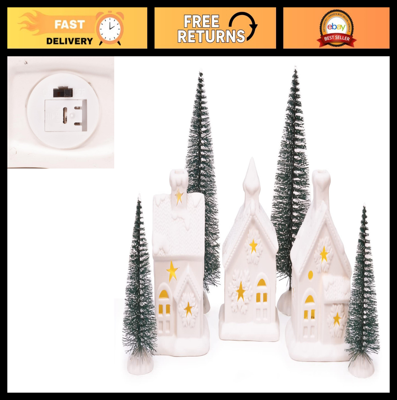 Cozy Knit Winter Village Tabletop Set – 7 Piece Unglazed Porcelain LED Decor wit