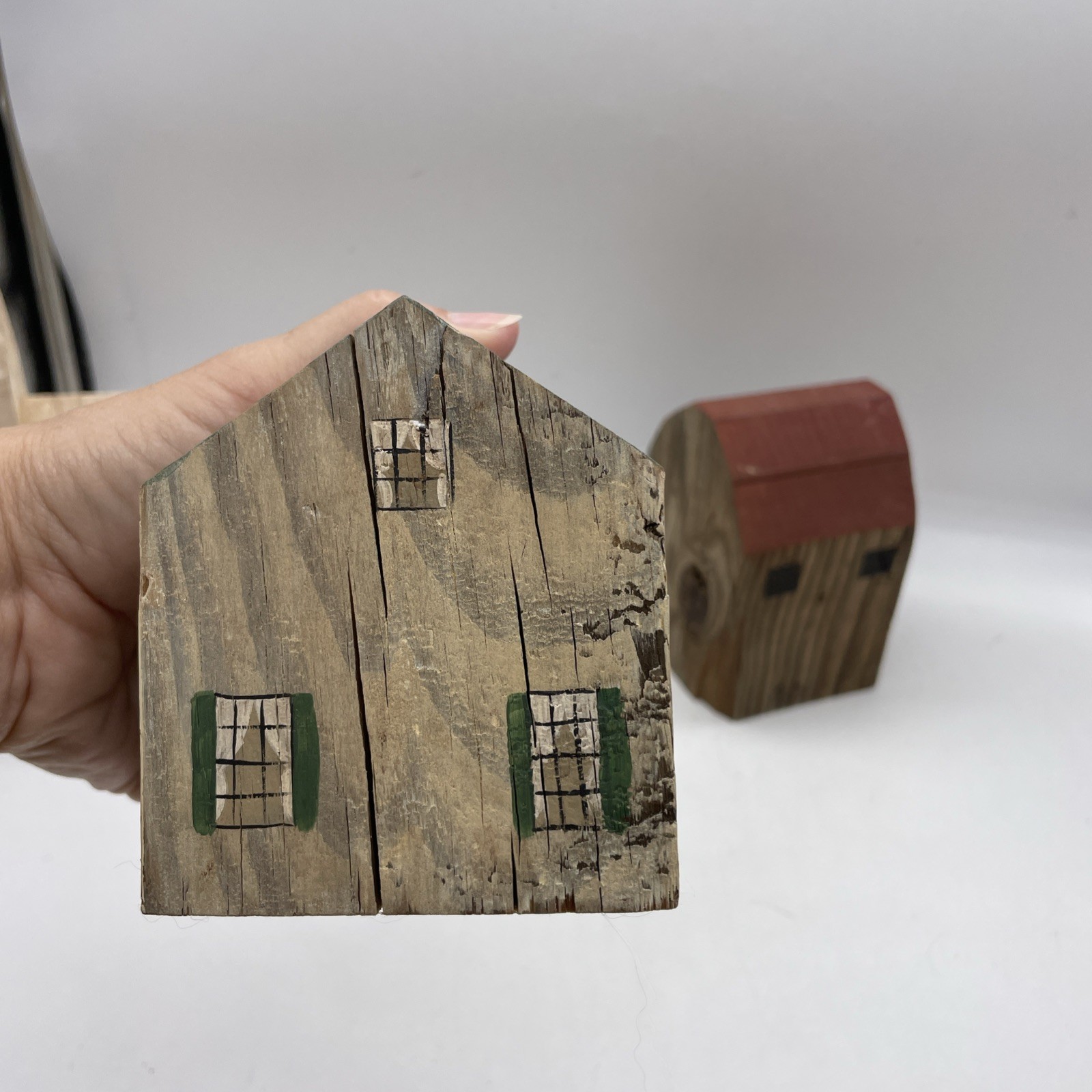 Primitive Mini Buildings Block Wooden House Church Barn Folk Art Lot Of 3 – 1988