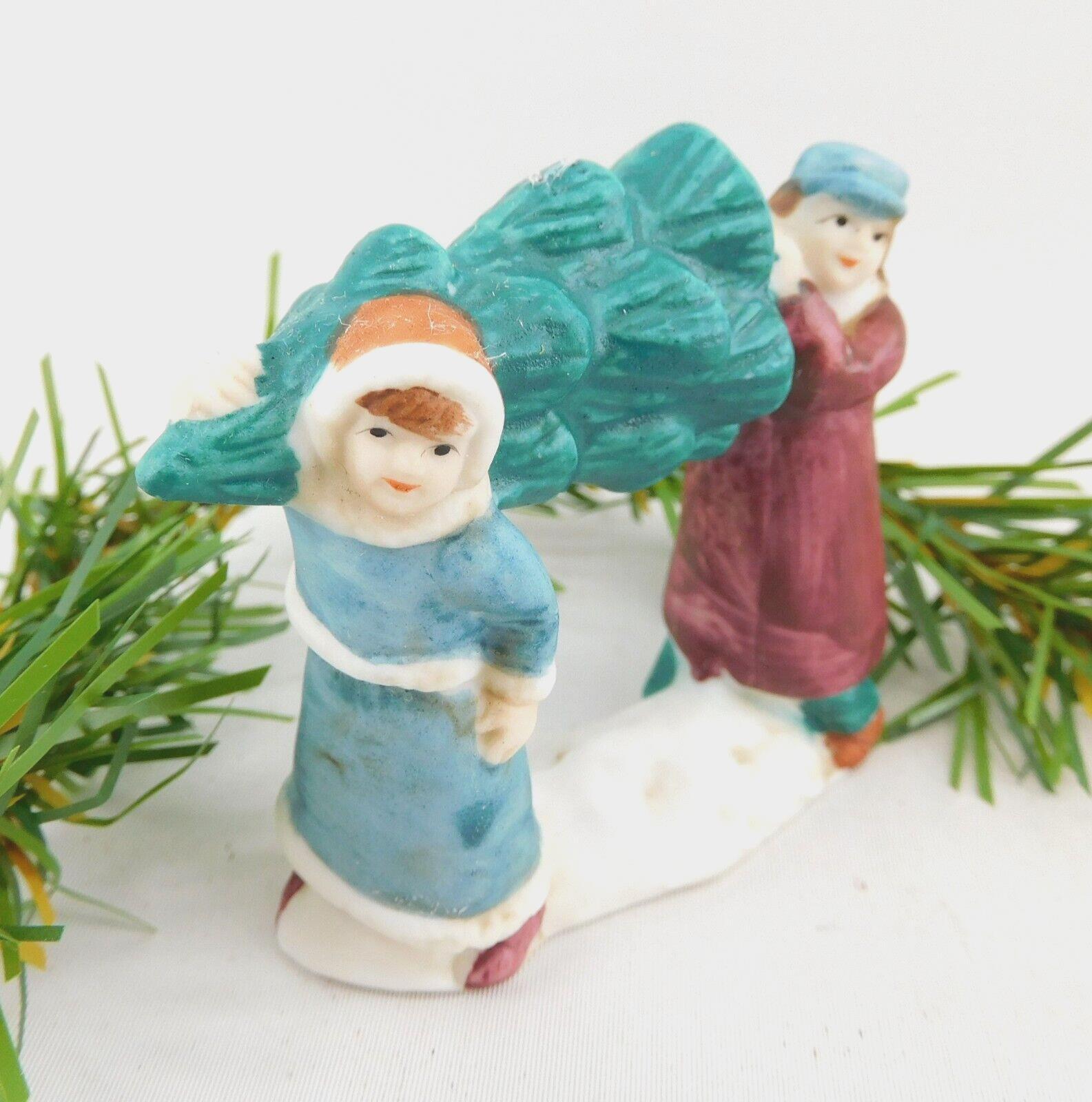 Brother and Sister Carrying Christmas Tree Figure Christmas Village Vtg Taiwan