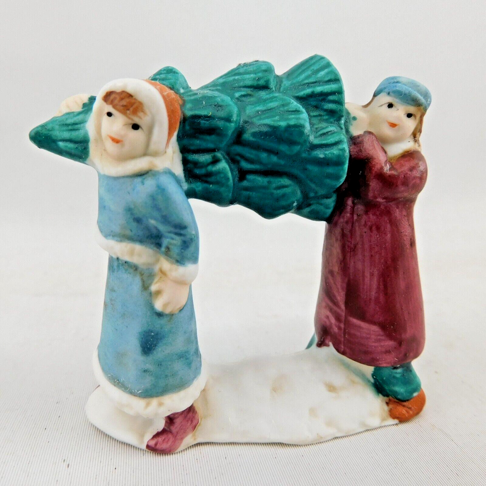 Brother and Sister Carrying Christmas Tree Figure Christmas Village Vtg Taiwan