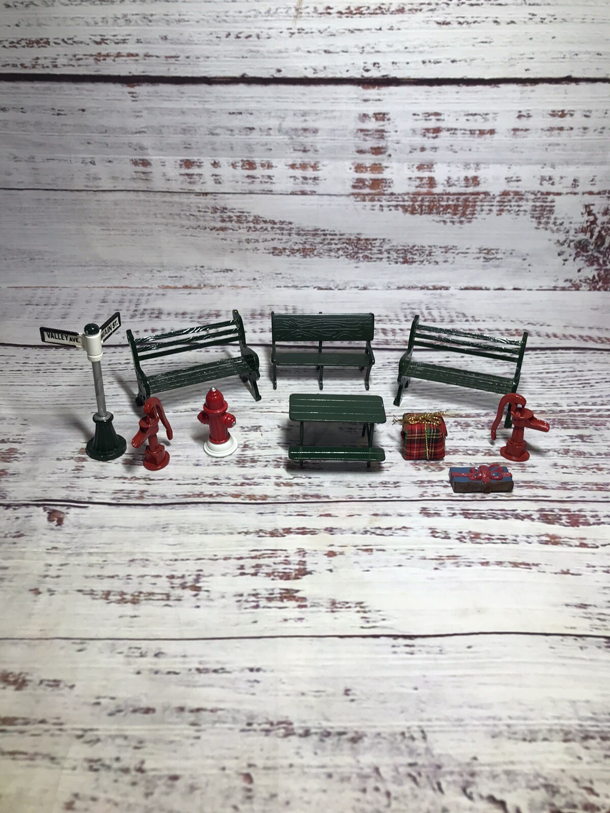 Christmas Village Metal Plastic Foam Decor Taiwan Bench Table Fire Hydrant Sign