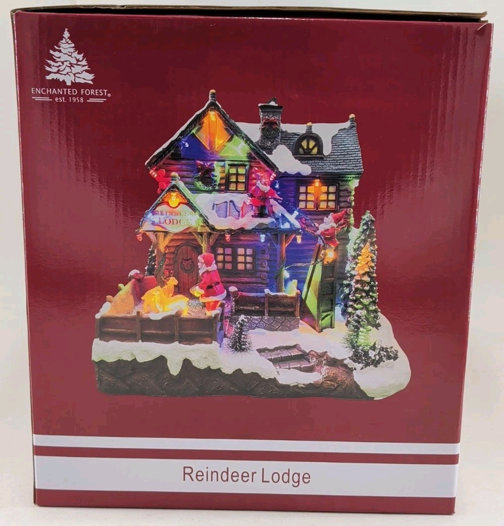 Enchanted Forest Reindeer Lodge Animated Musical Christmas Village House W/Box