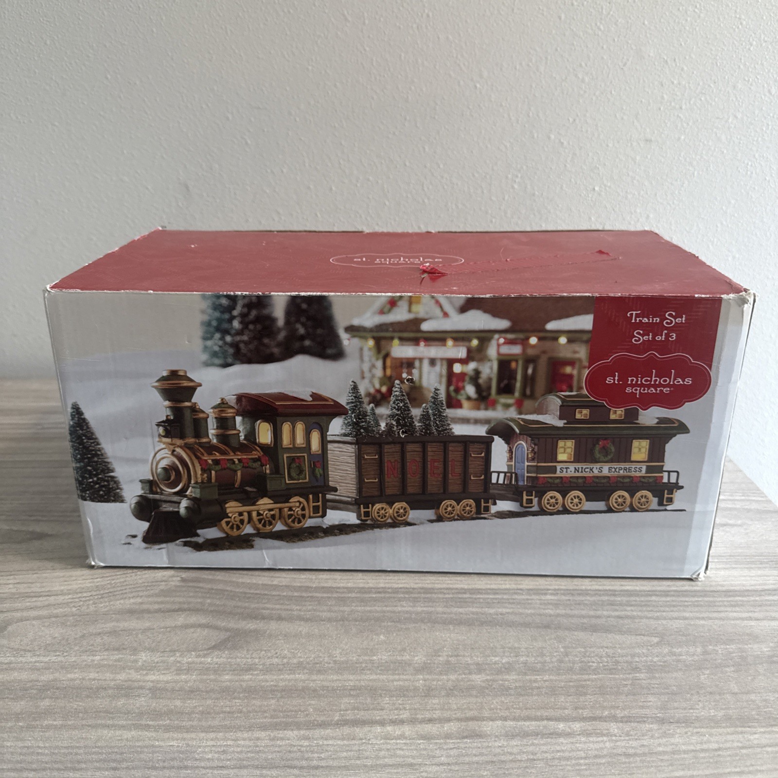 St Nicholas Square Lighted “Train Set Of 3″ Christmas Village 2008 St Nick’s Exp