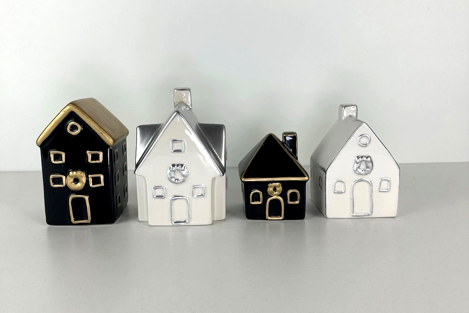 Becki Owens Ceramic Christmas Village Houses Decor Set Of 4 Black White Gold