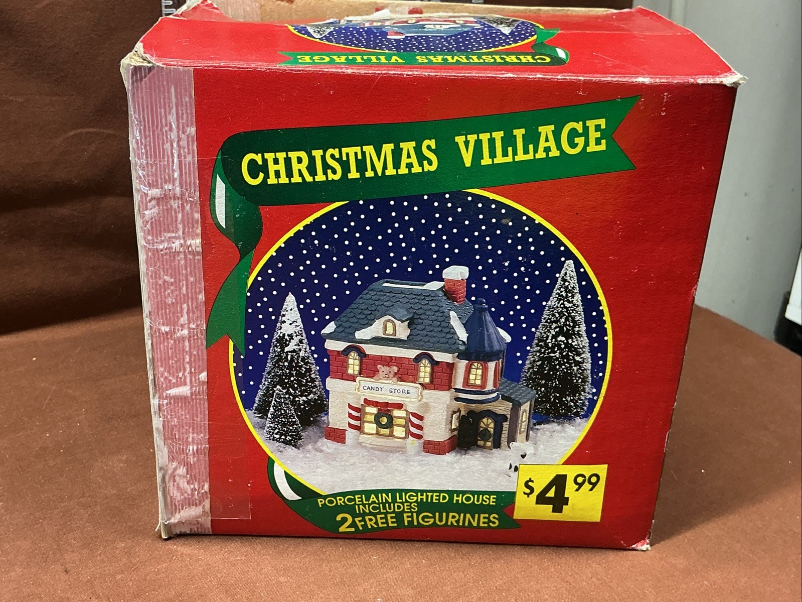 Vintage Porcelain Christmas Village Lightable Candy Store w/ Box And Two Figures