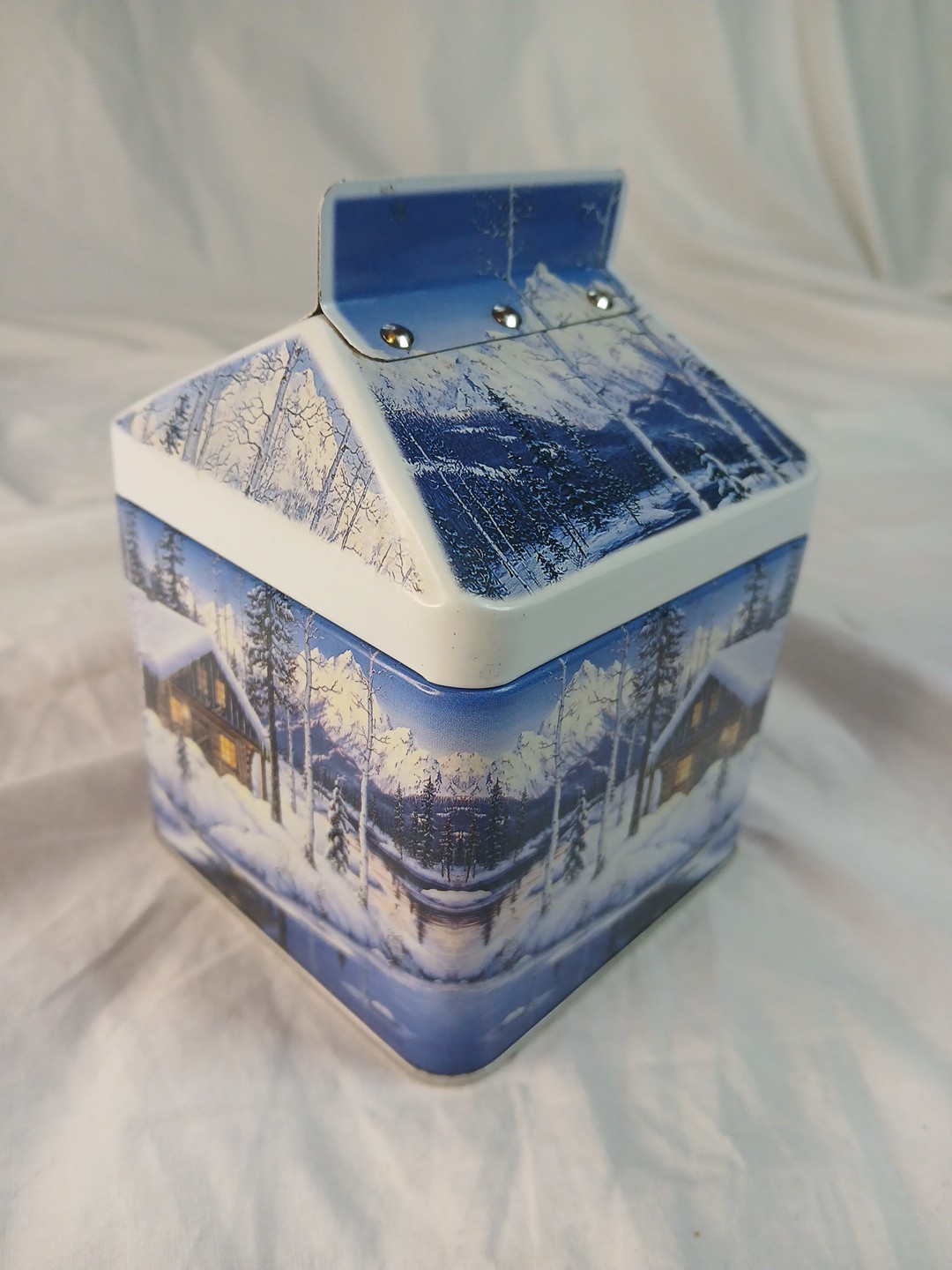 Vintage Christmas House Cookie Tin Winter Cabin Gabled Milk Carton Decor