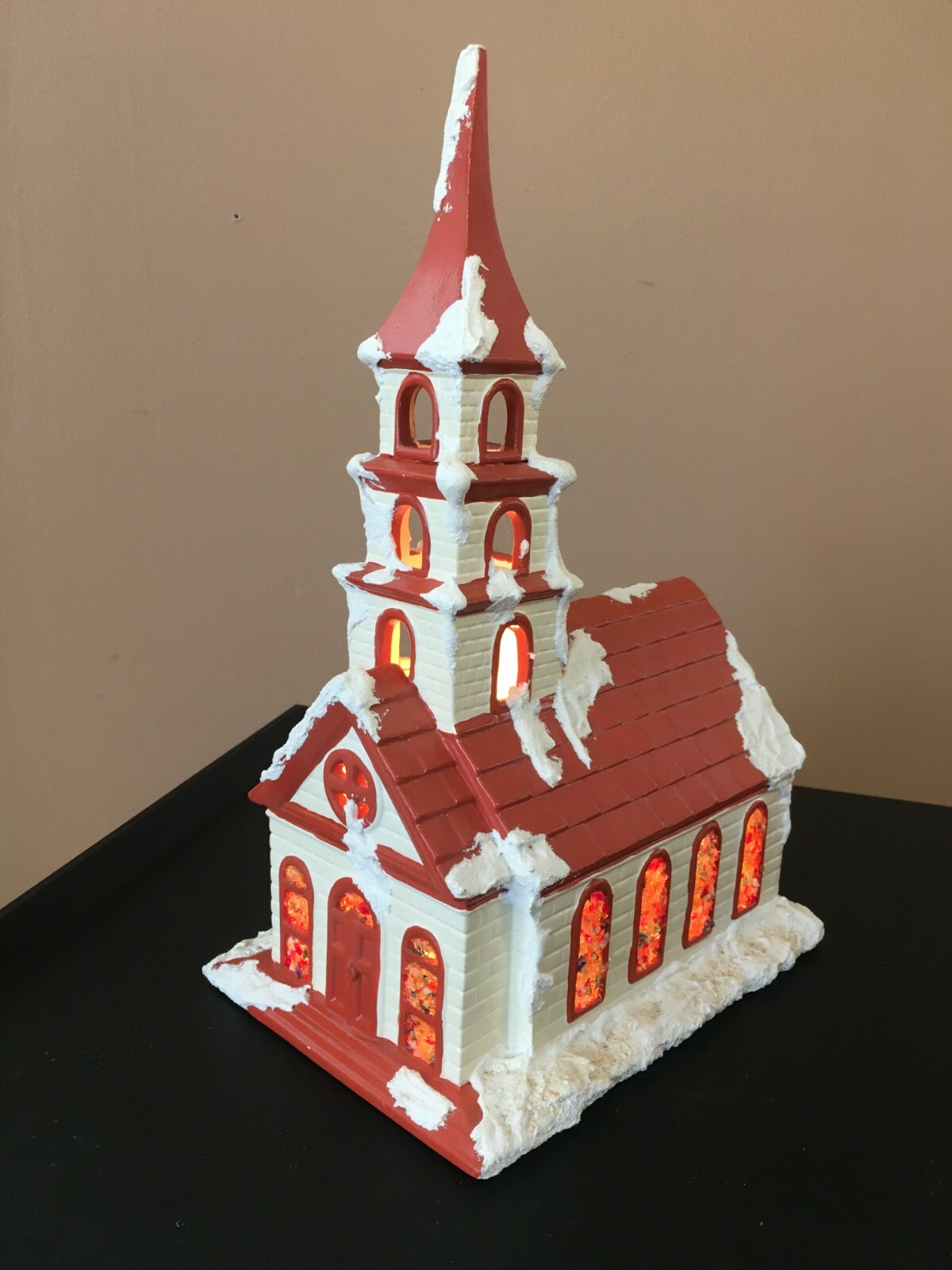 *Vintage BYRON MOLDS MCM CERAMIC LIGHTED CHRISTMAS CHURCH w/MUSIC PEBBLE WINDOWS