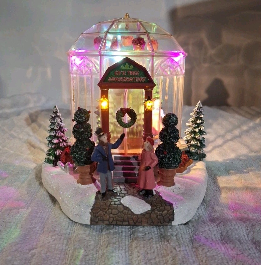 Lighted Hand Painted Christmas Village Tree Conservatory Plays Christmas Carols