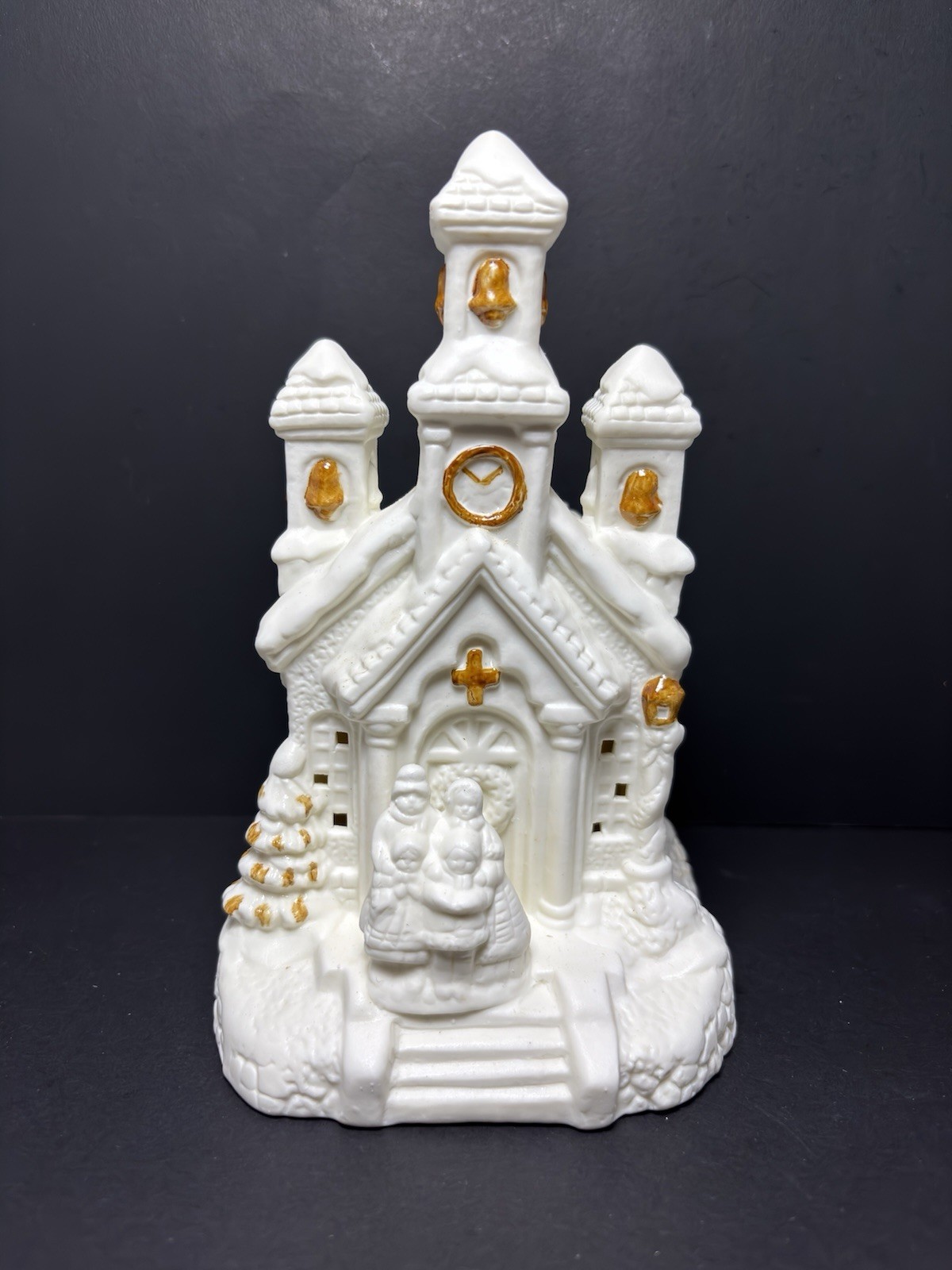 Light Up Church Porcelain Christmas Village White & Golden Brown 7.5 Inches