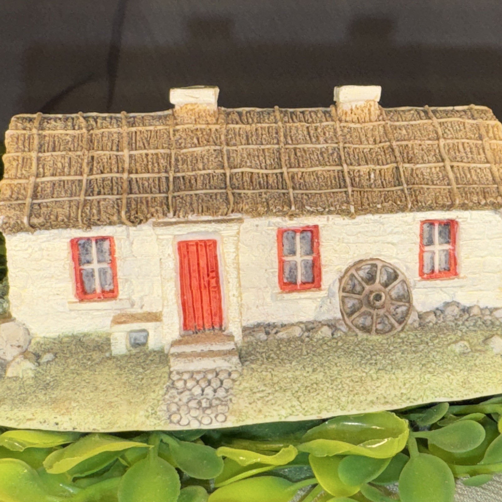Painted Resin Miniature Village Cottage House Thatched Roof Red Door Water Wheel